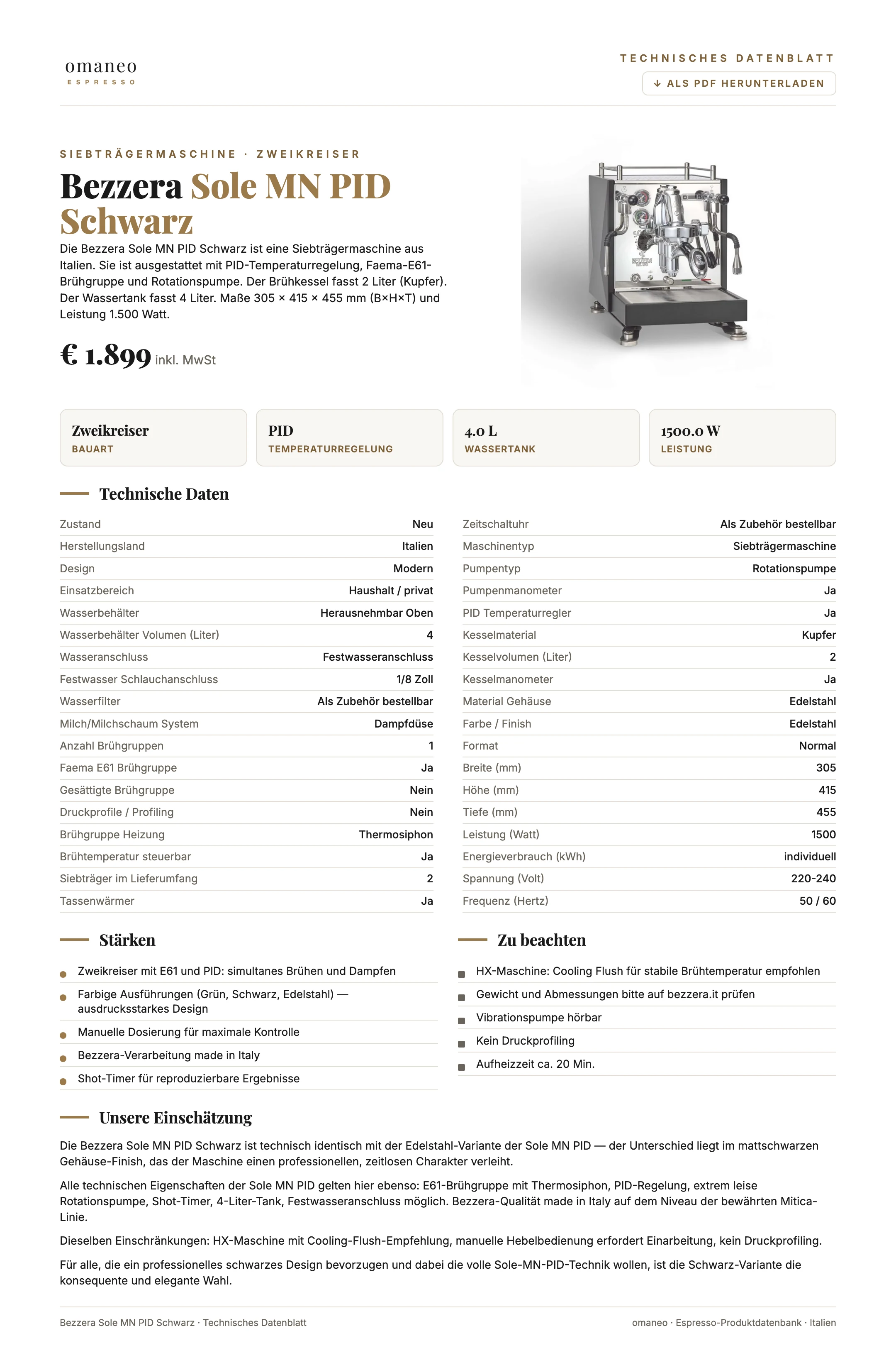 Technisches Datenblatt Sole MN PID Schwarz