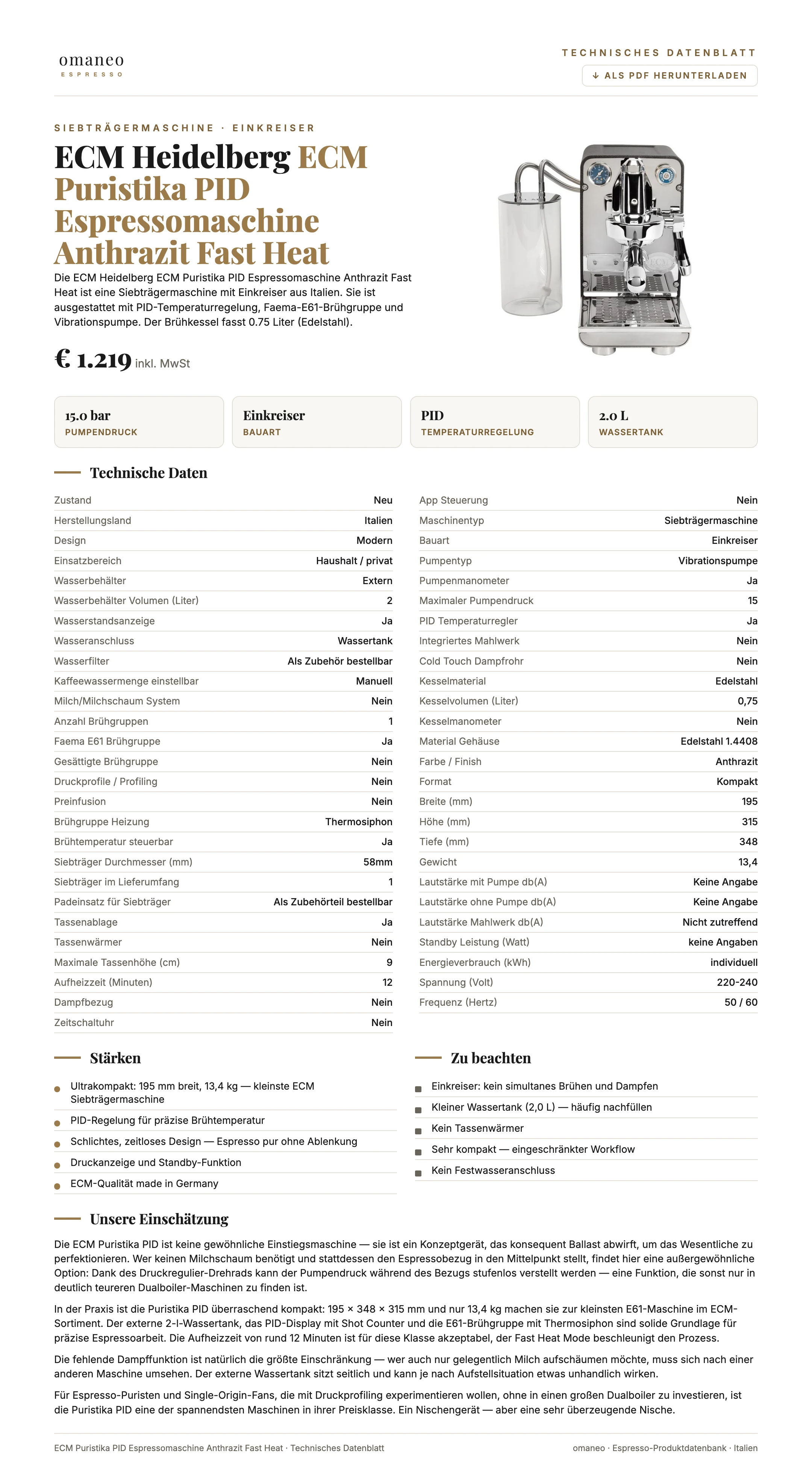 Technisches Datenblatt ECM Puristika PID Espressomaschine Anthrazit Fast Heat
