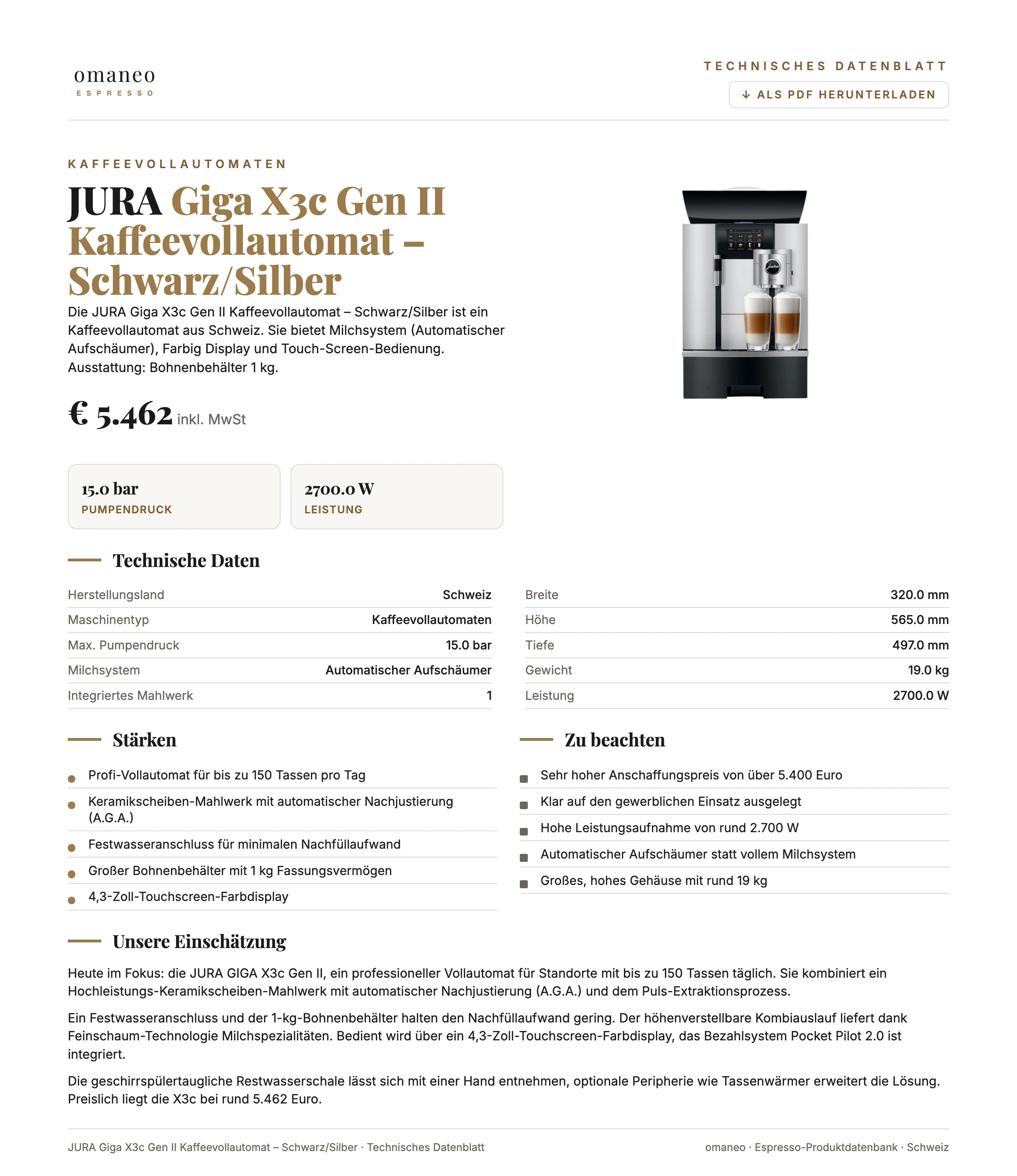 Technisches Datenblatt Giga X3c Gen II Kaffeevollautomat – Schwarz/Silber