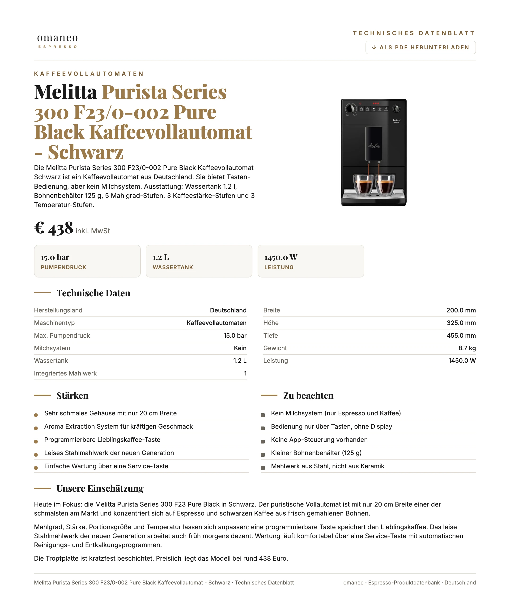 Technisches Datenblatt Purista Series 300 F23/0-002 Pure Black Kaffeevollautomat - Schwarz