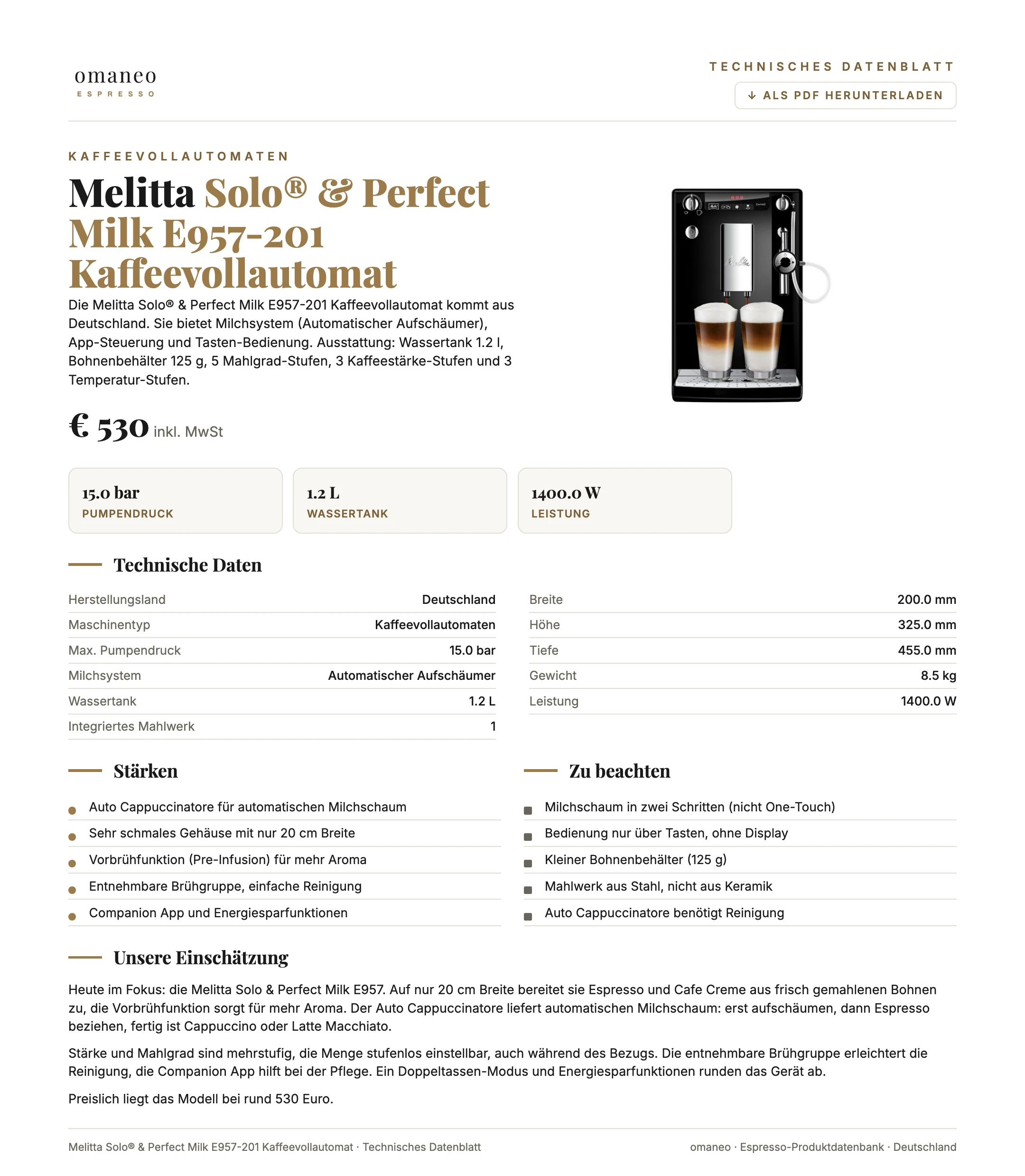 Technisches Datenblatt Solo® & Perfect Milk E957-201 Kaffeevollautomat