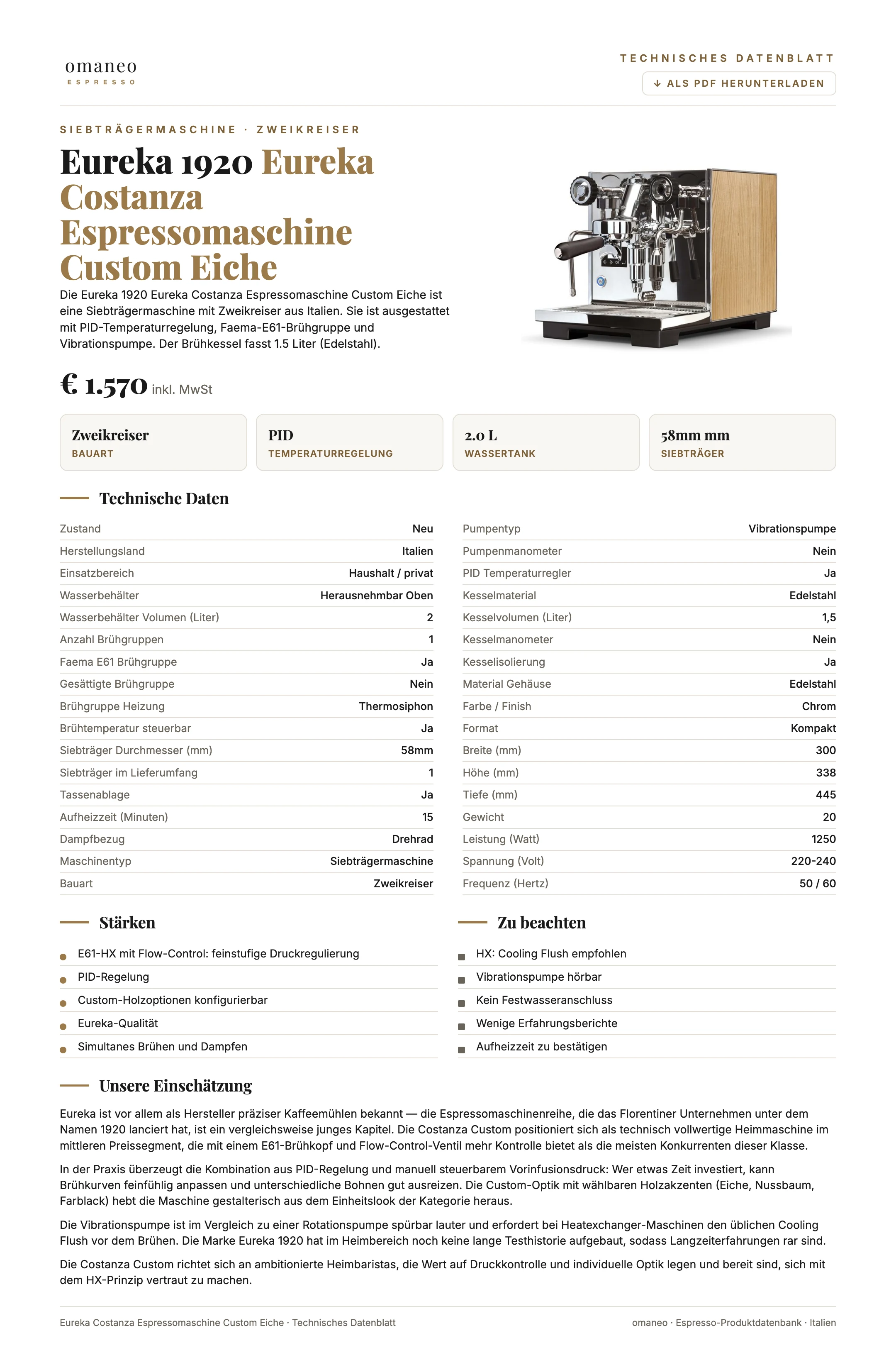 Technisches Datenblatt Eureka Costanza Espressomaschine Custom Eiche