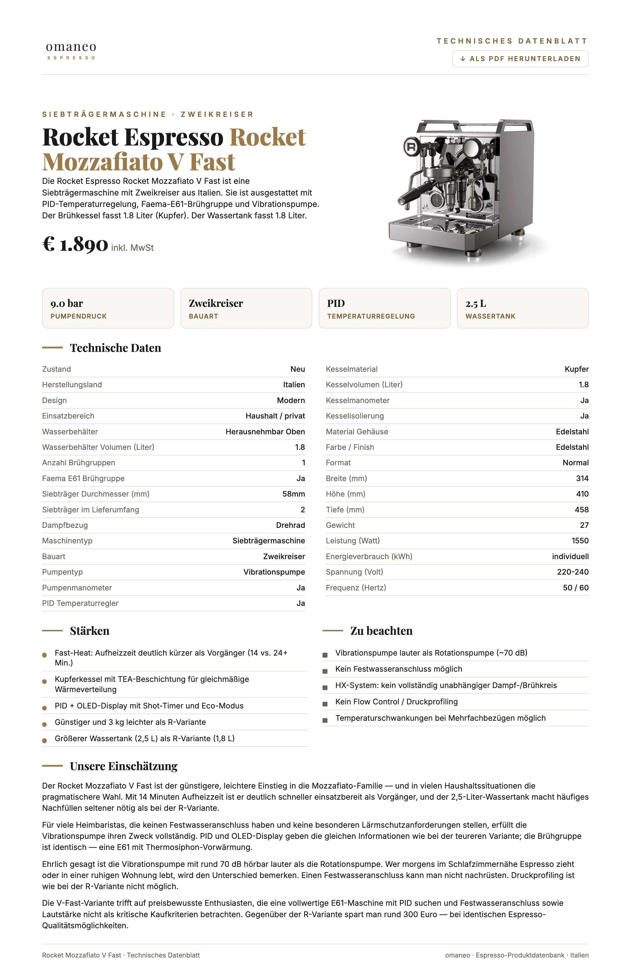 Technisches Datenblatt Rocket Mozzafiato V Fast