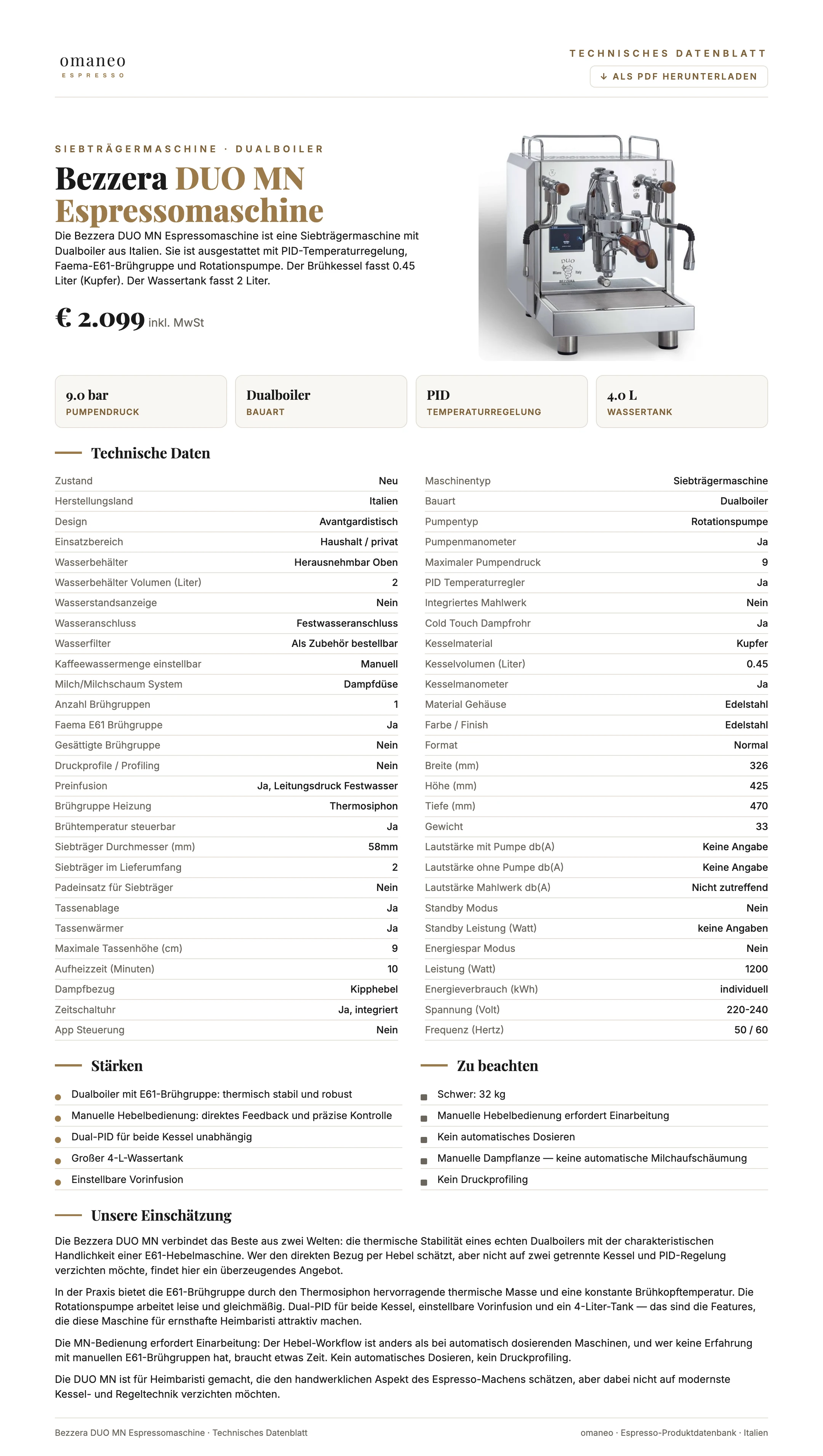 Technisches Datenblatt DUO MN Espressomaschine
