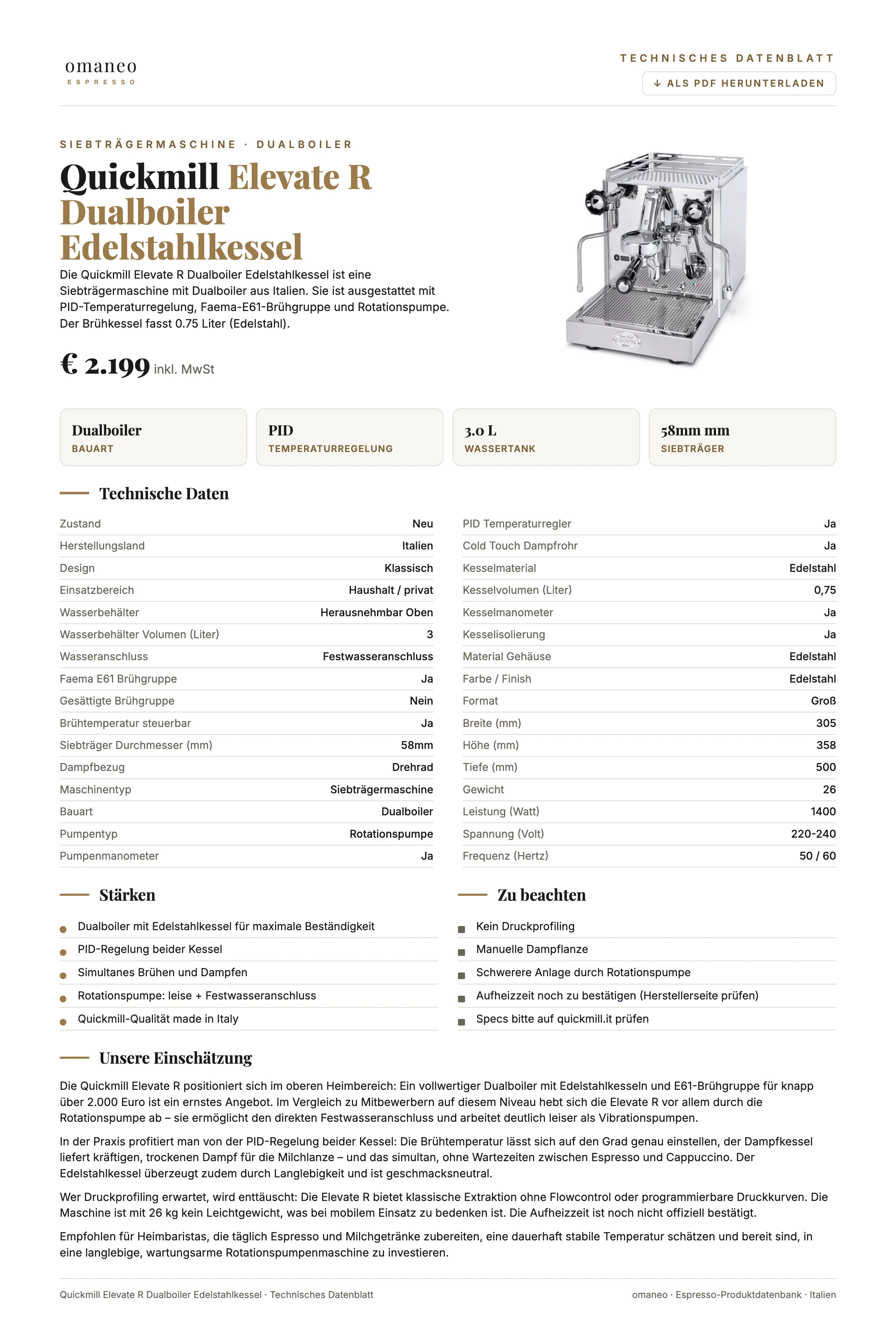 Technisches Datenblatt Elevate R Dualboiler Edelstahlkessel