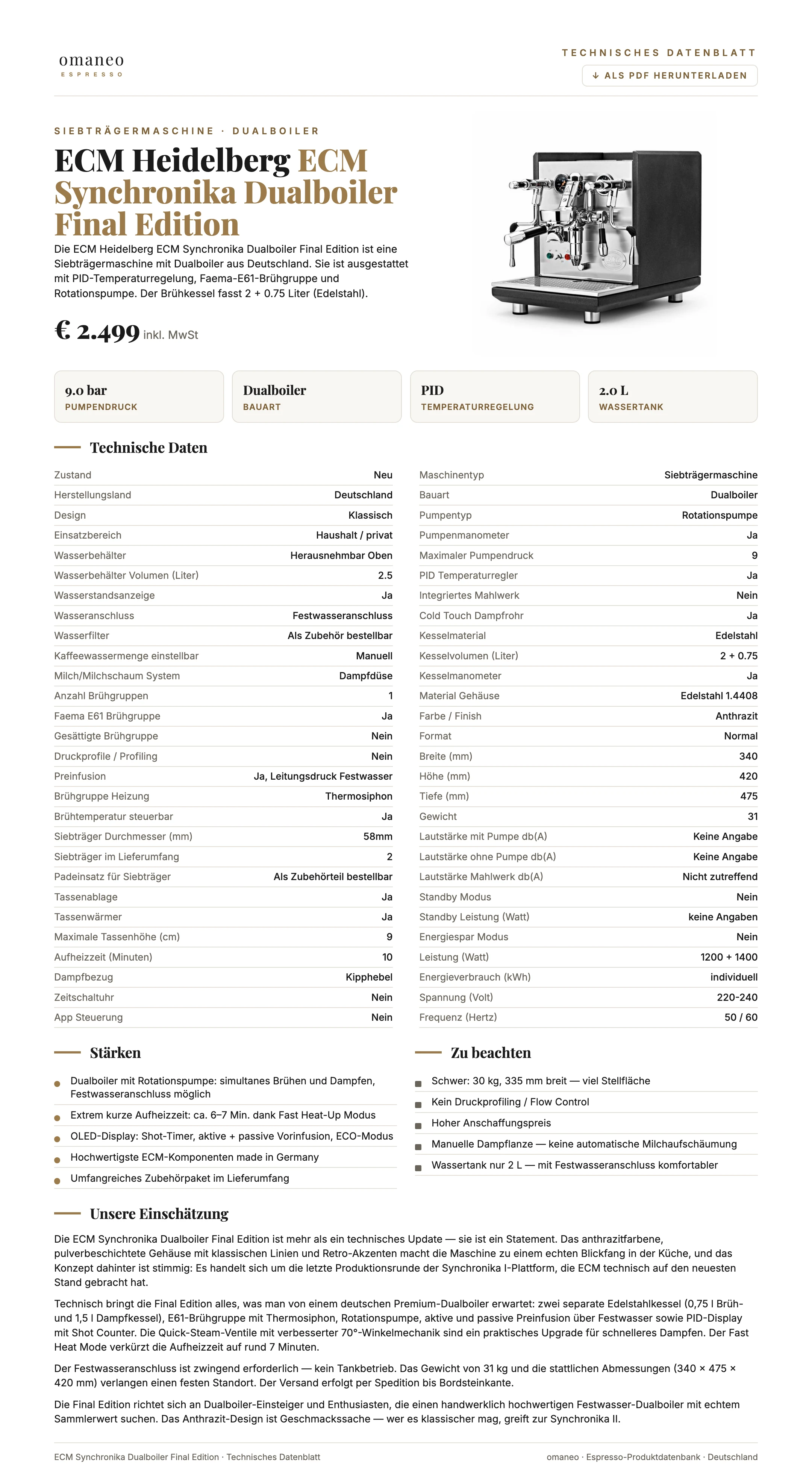 Technisches Datenblatt ECM Synchronika Dualboiler Final Edition