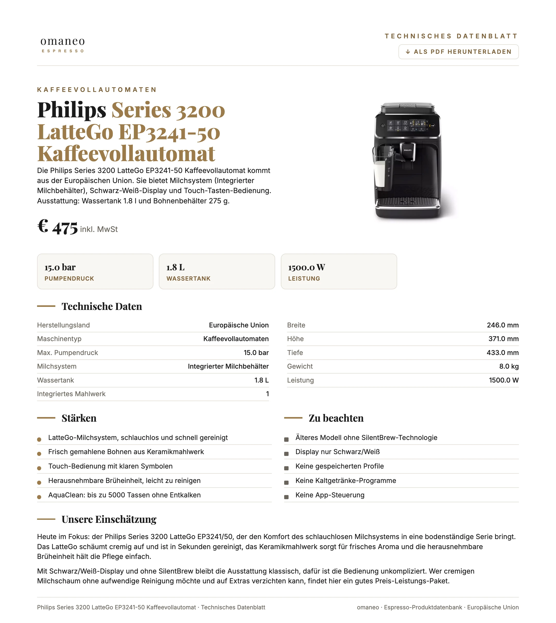 Technisches Datenblatt Series 3200 LatteGo EP3241-50 Kaffeevollautomat