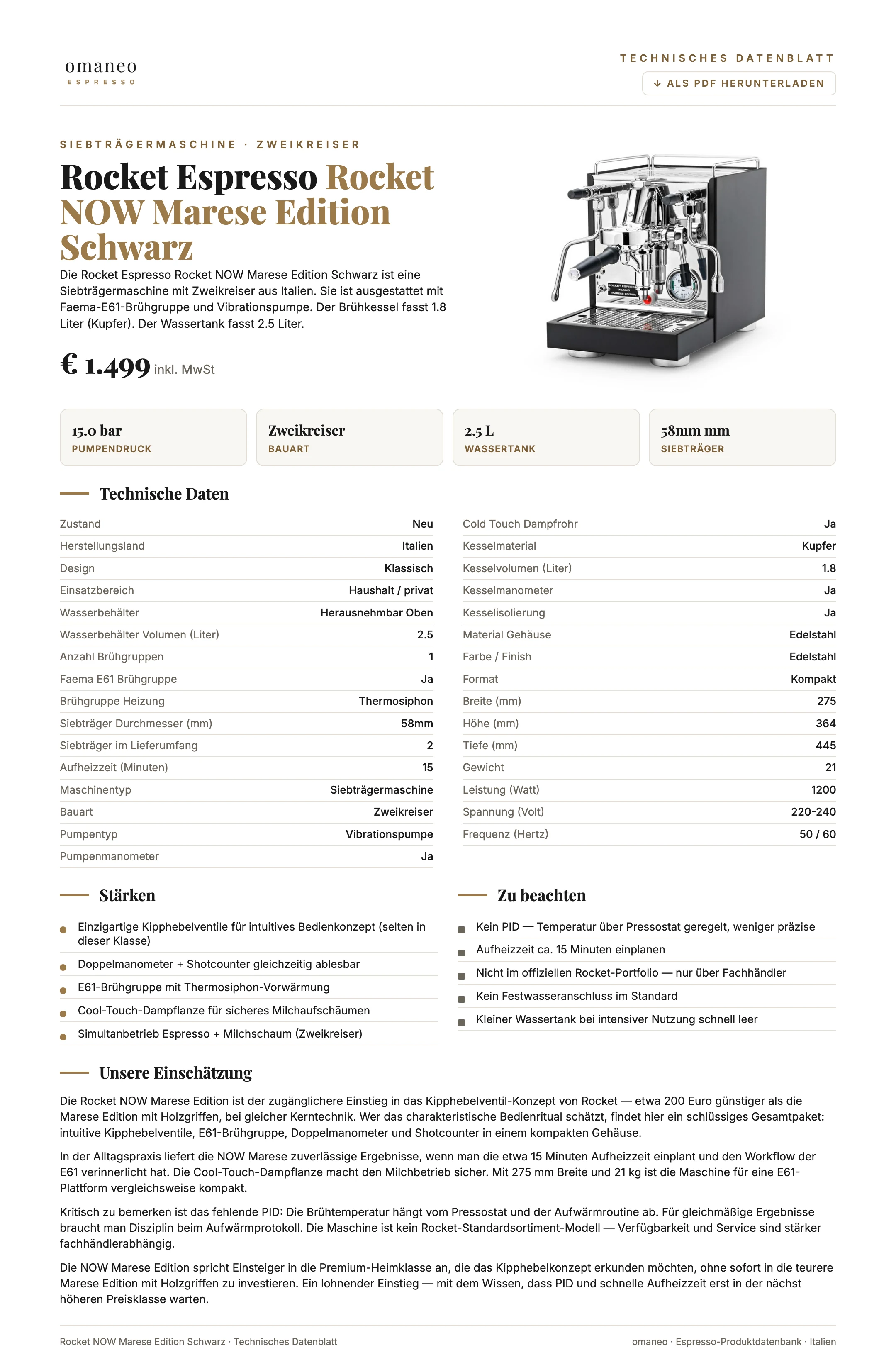 Technisches Datenblatt Rocket NOW Marese Edition Schwarz