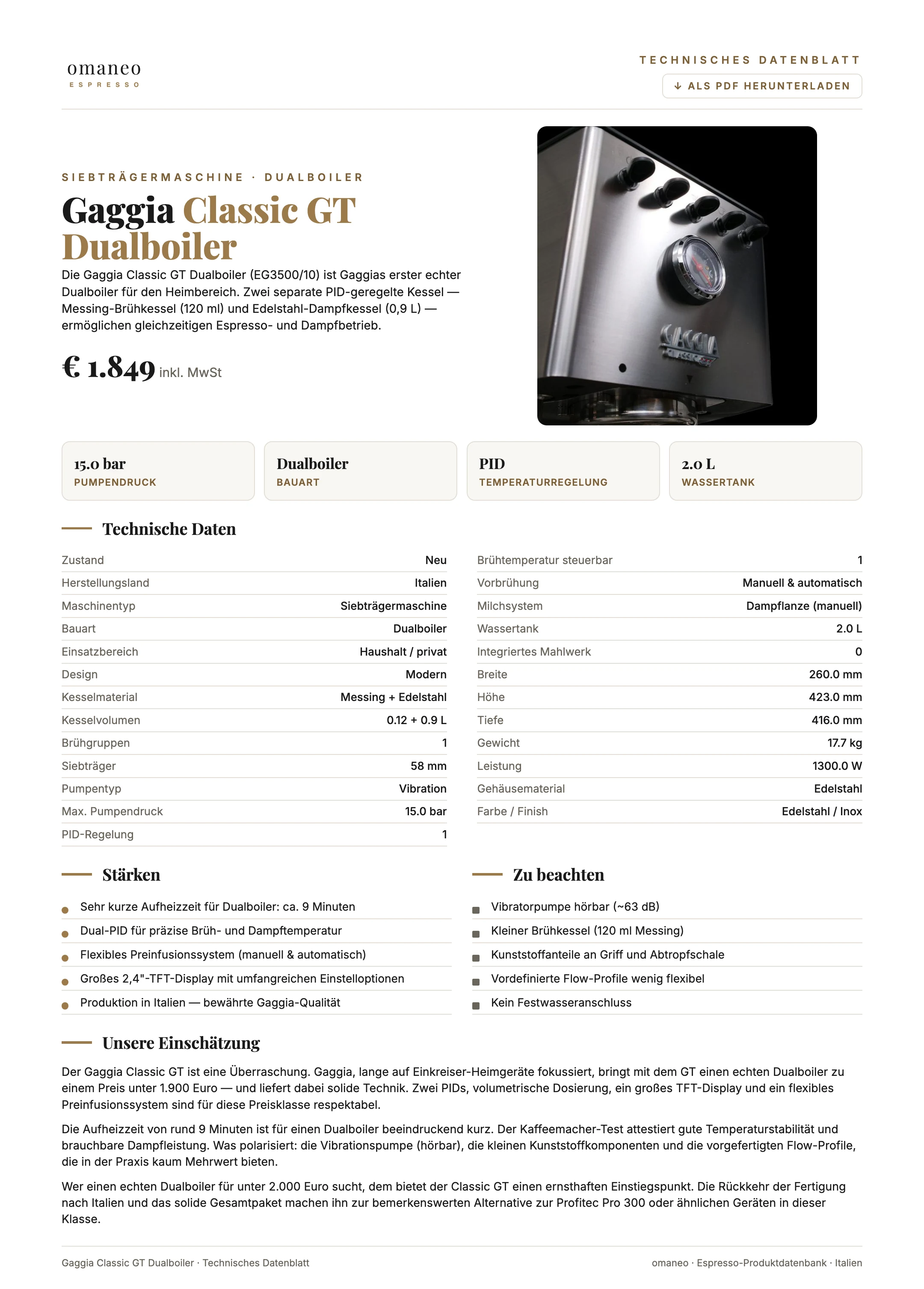 Technisches Datenblatt Classic GT Dualboiler