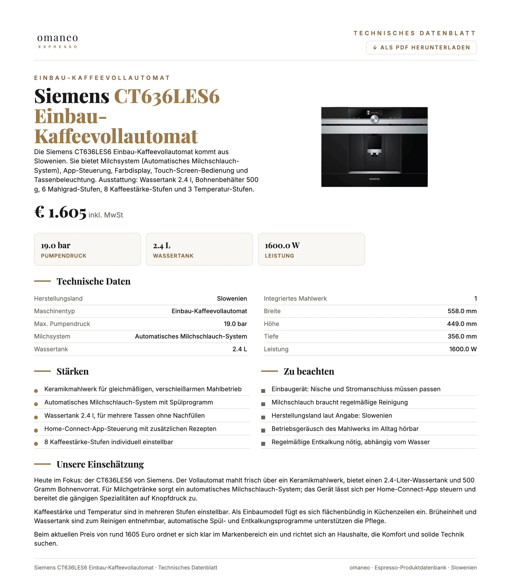 Technisches Datenblatt CT636LES6 Einbau-Kaffeevollautomat