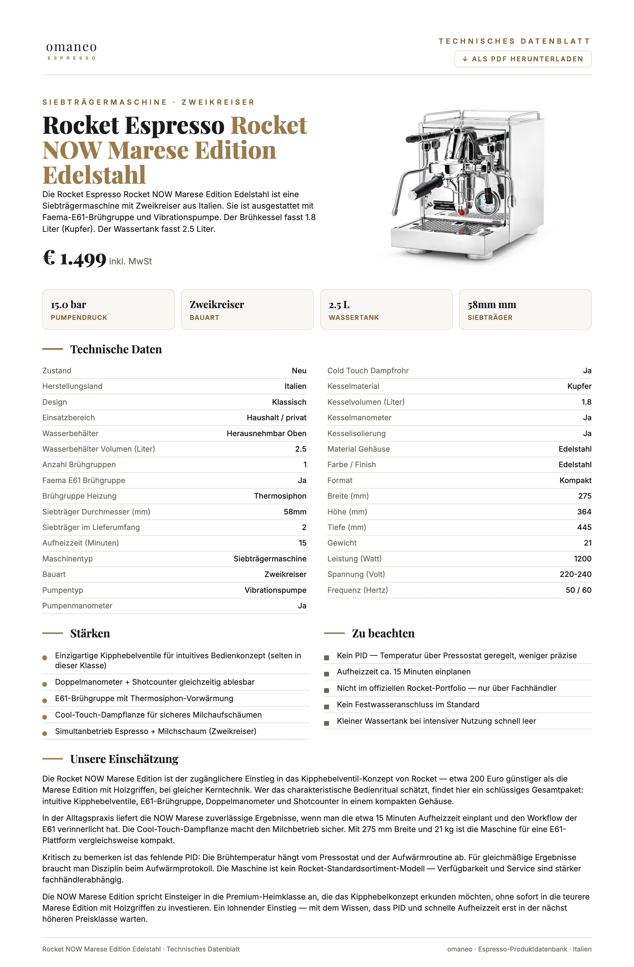 Technisches Datenblatt Rocket NOW Marese Edition Edelstahl