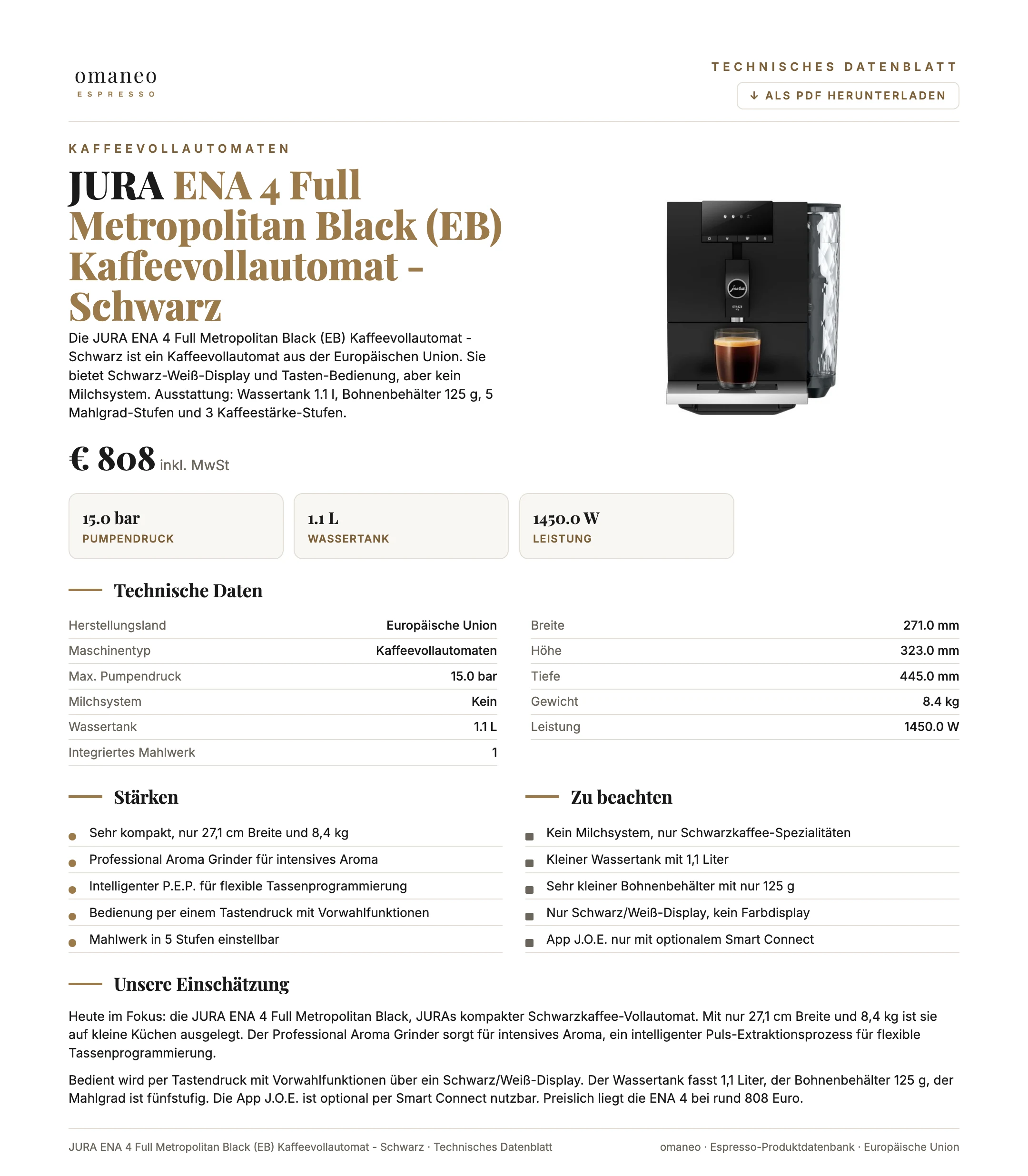 Technisches Datenblatt ENA 4 Full Metropolitan Black (EB) Kaffeevollautomat - Schwarz
