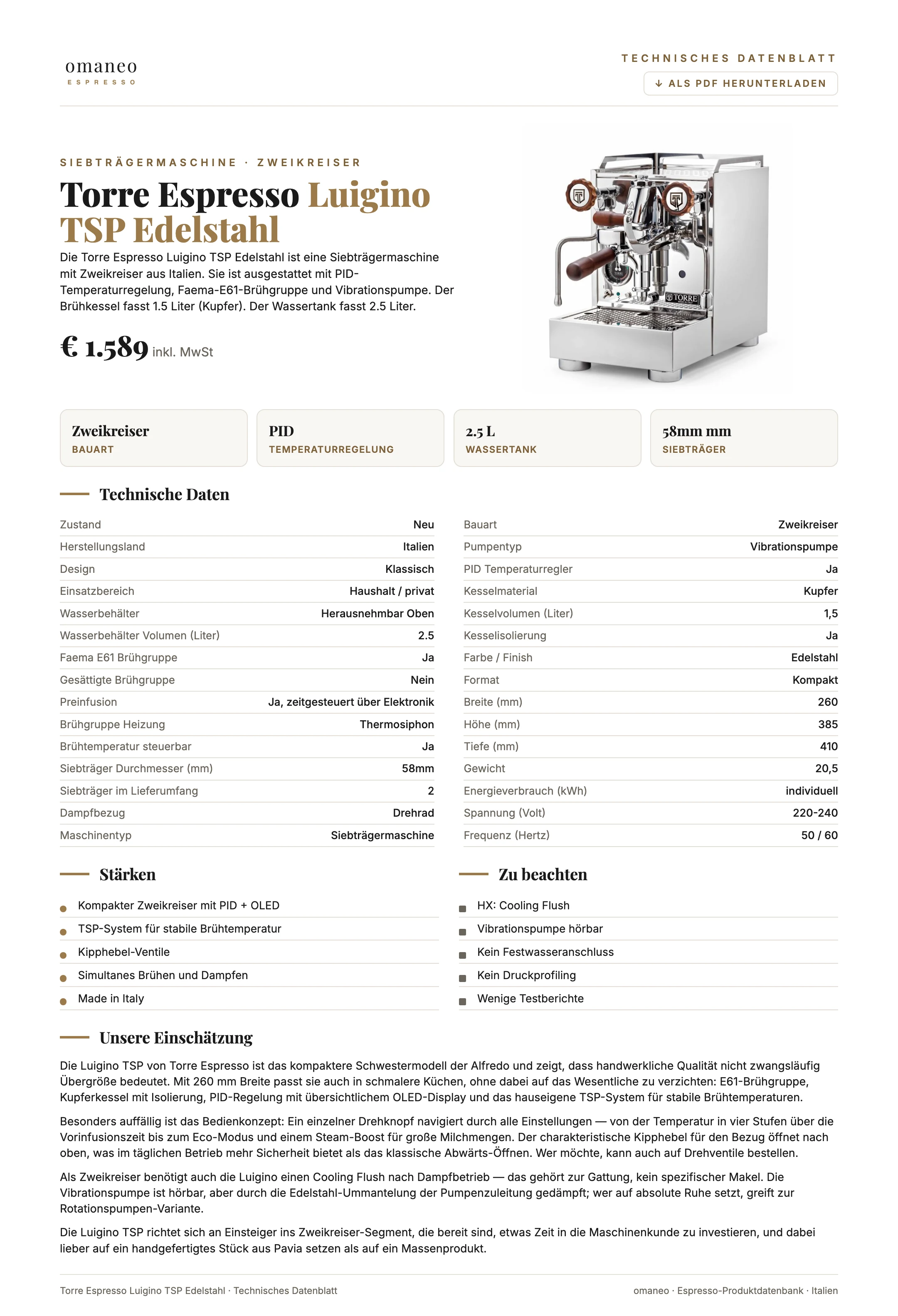 Technisches Datenblatt Luigino TSP Edelstahl