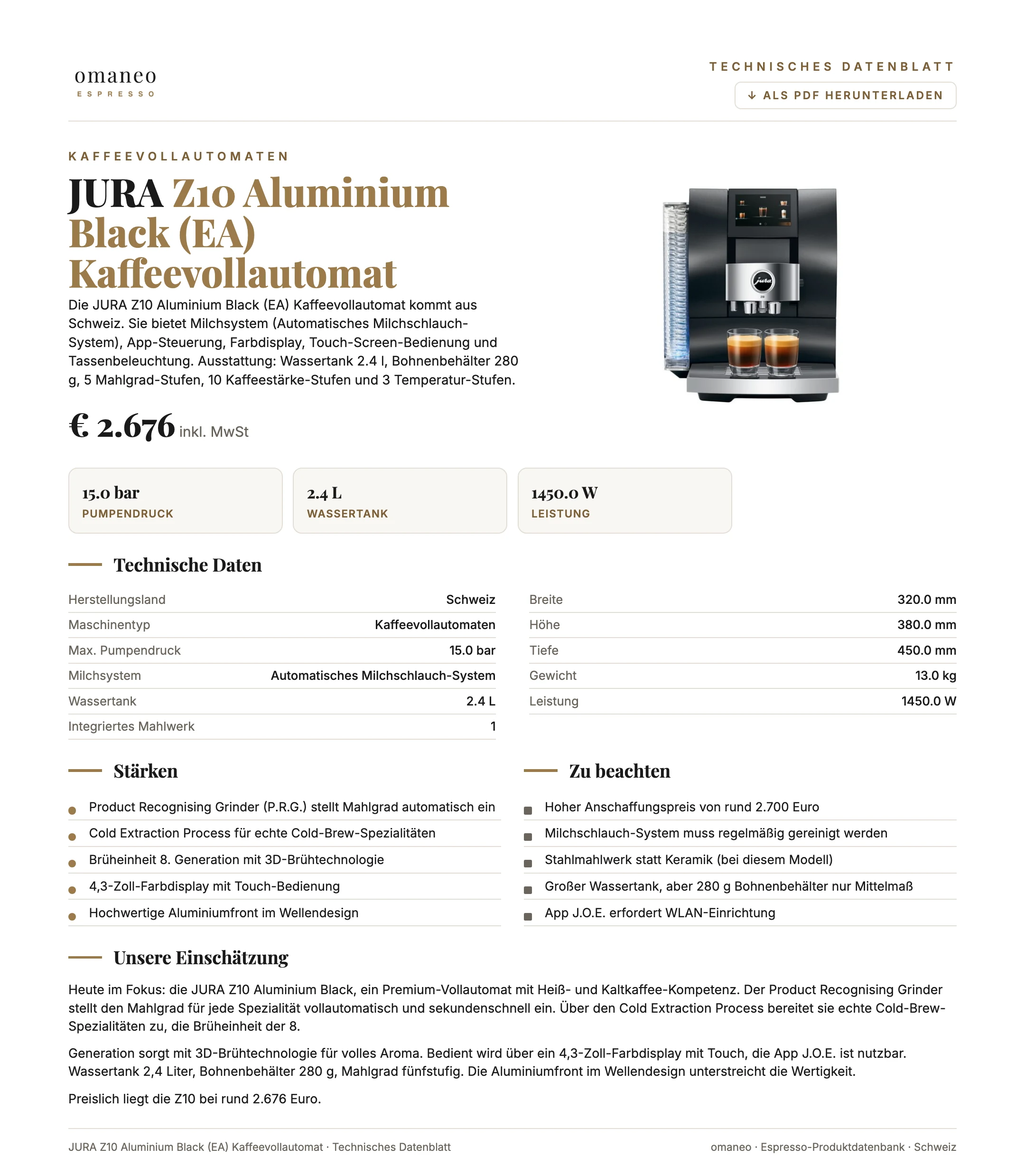 Technisches Datenblatt Z10 Aluminium Black (EA) Kaffeevollautomat