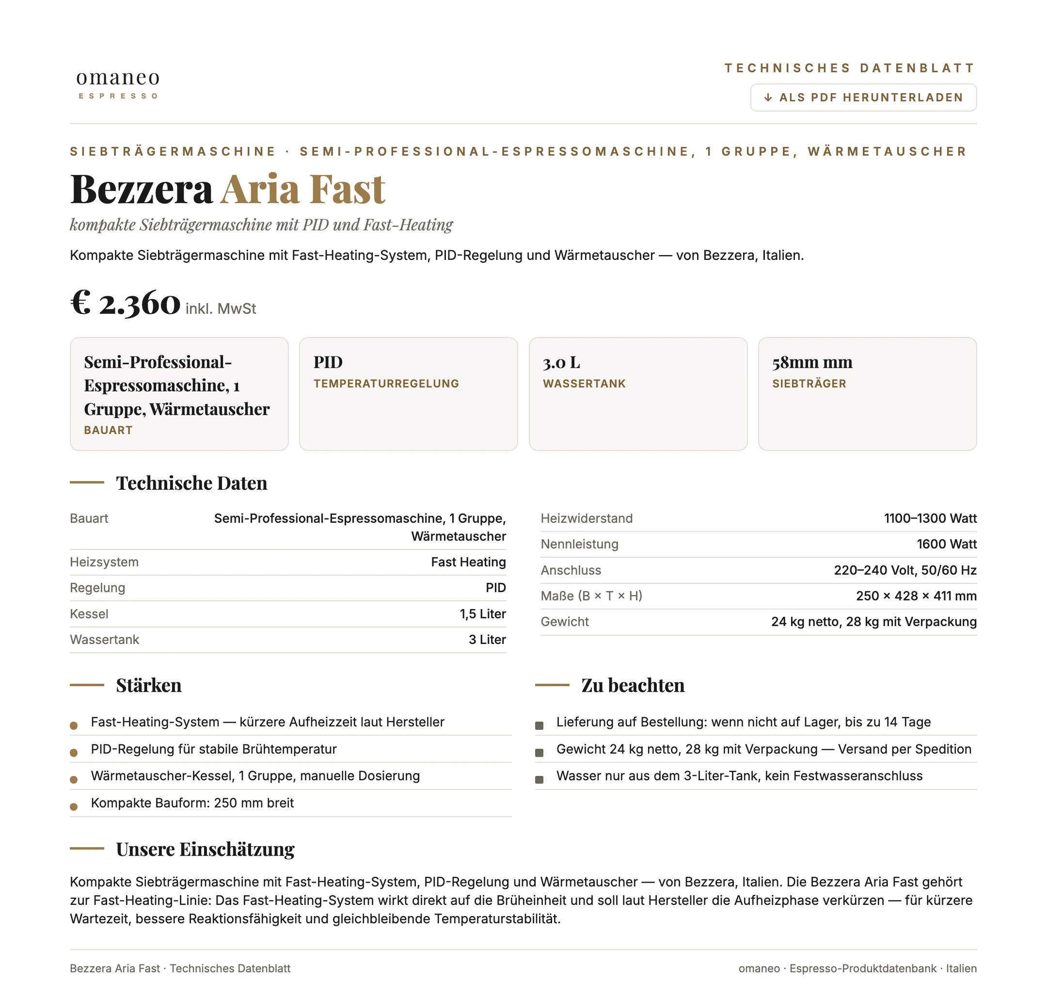Technisches Datenblatt Aria Fast
