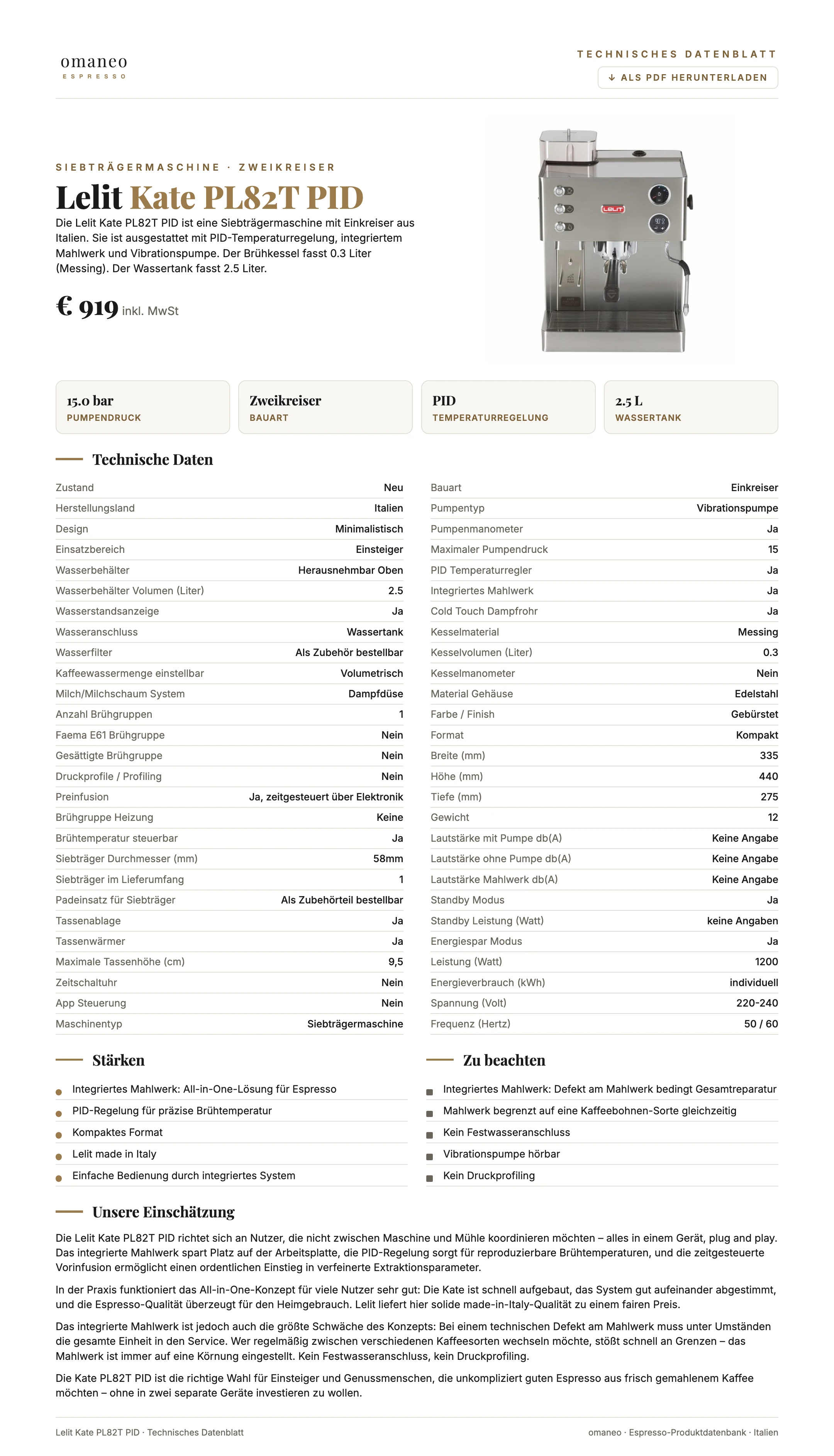 Technisches Datenblatt Kate PL82T PID