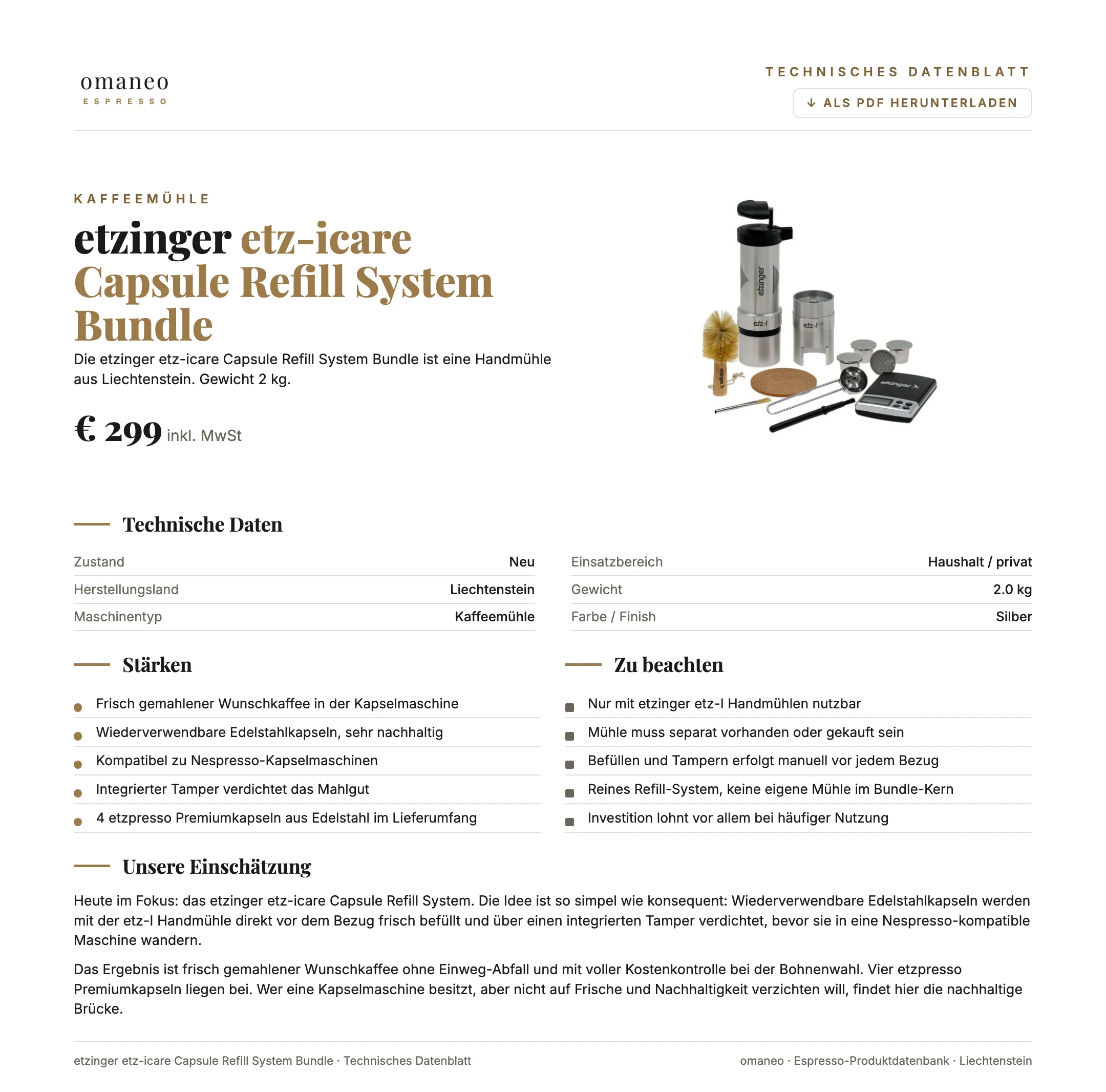 Technisches Datenblatt etz-icare Capsule Refill System Bundle