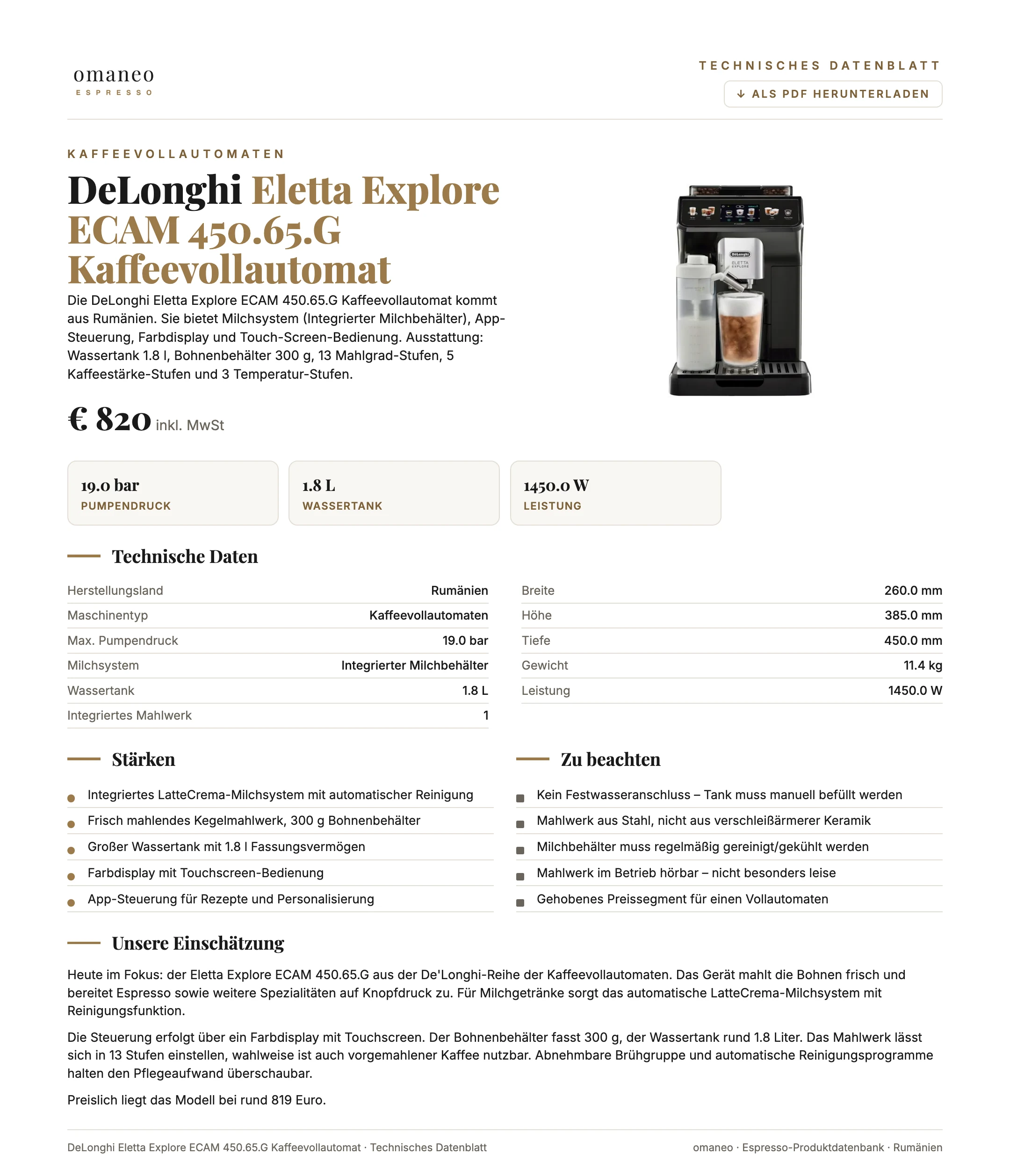 Technisches Datenblatt Eletta Explore ECAM 450.65.G Kaffeevollautomat