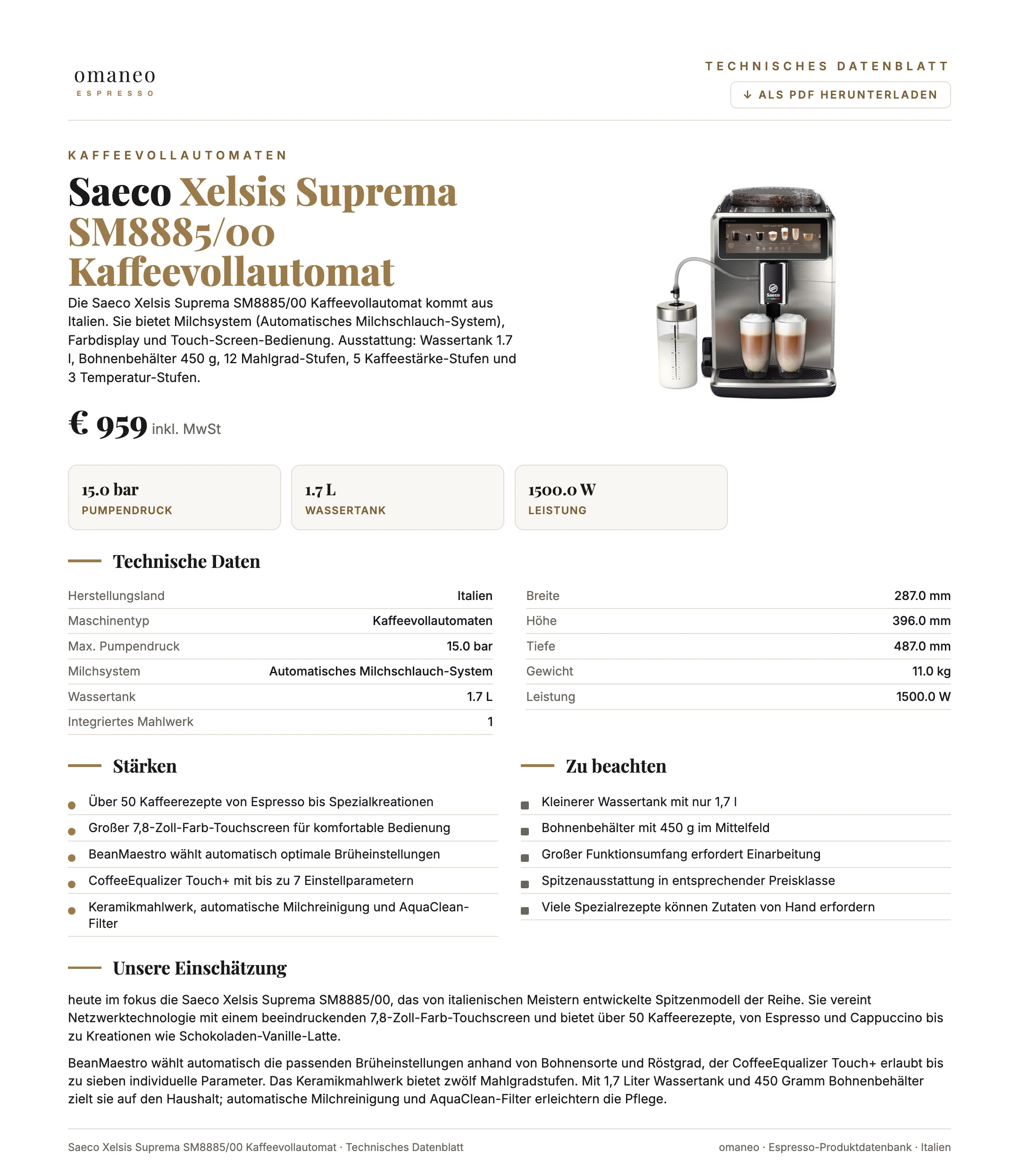 Technisches Datenblatt Xelsis Suprema SM8885/00 Kaffeevollautomat