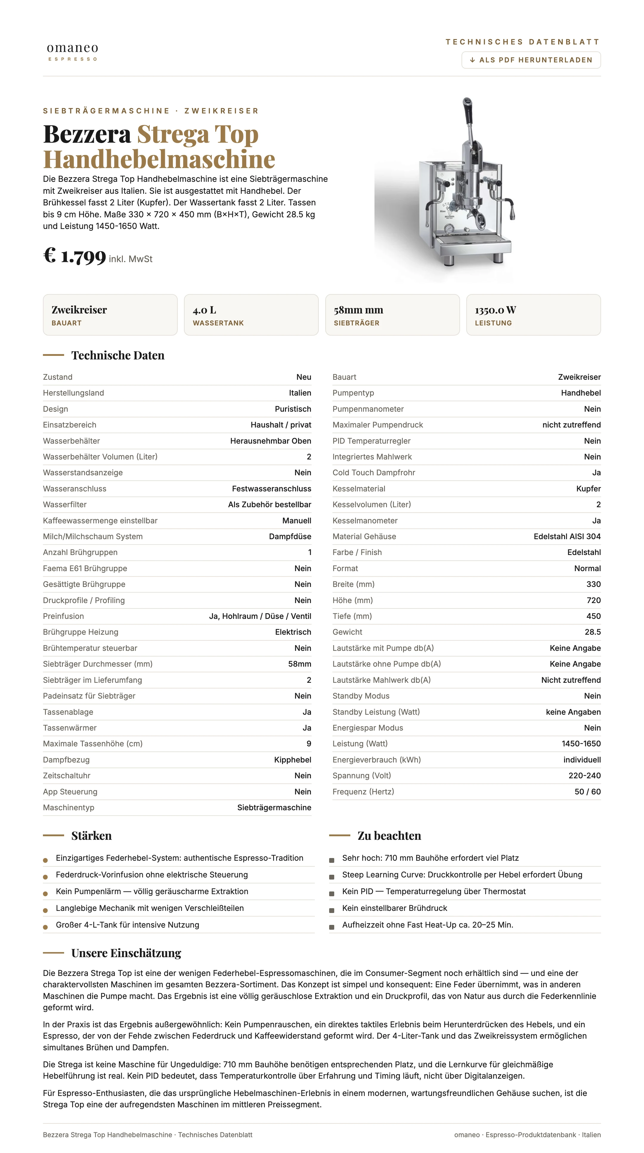 Technisches Datenblatt Strega Top Handhebelmaschine