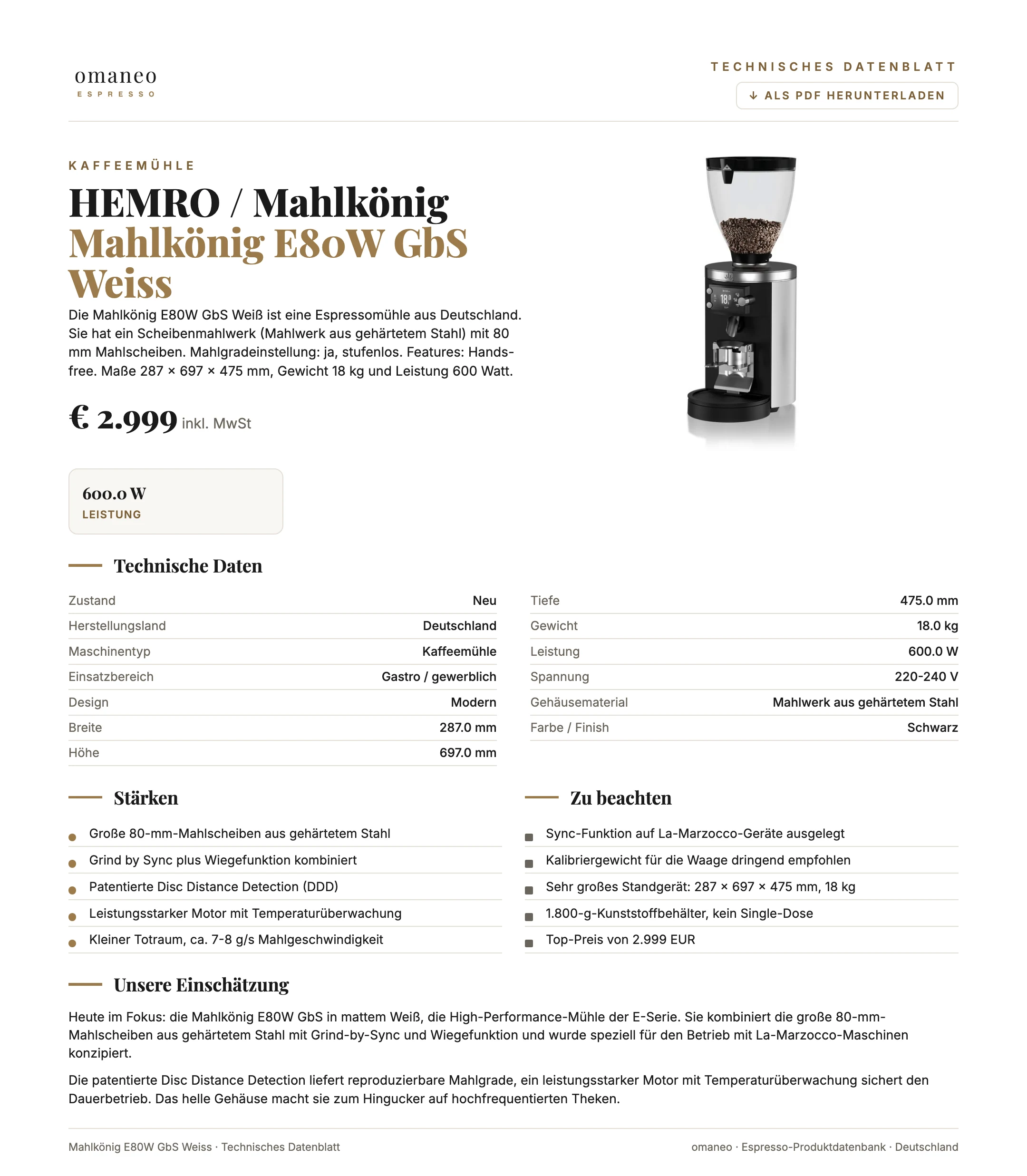 Technisches Datenblatt Mahlkönig E80W GbS Weiss
