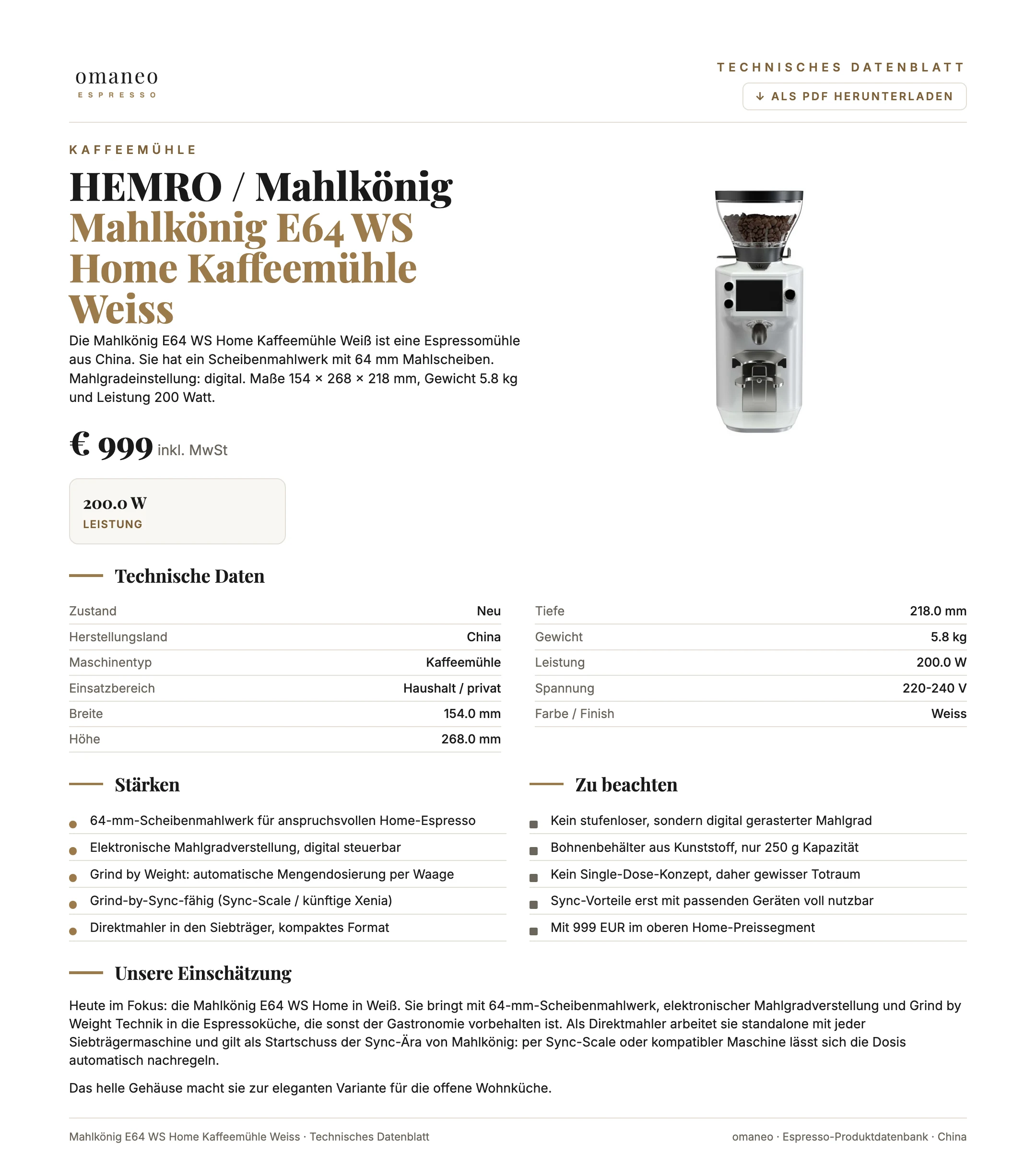 Technisches Datenblatt Mahlkönig E64 WS Home Kaffeemühle Weiss