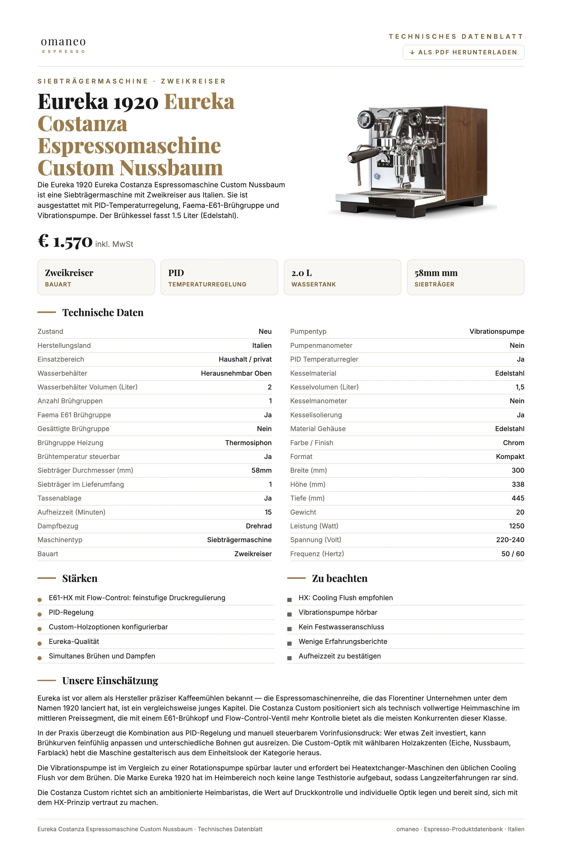 Technisches Datenblatt Eureka Costanza Espressomaschine Custom Nussbaum