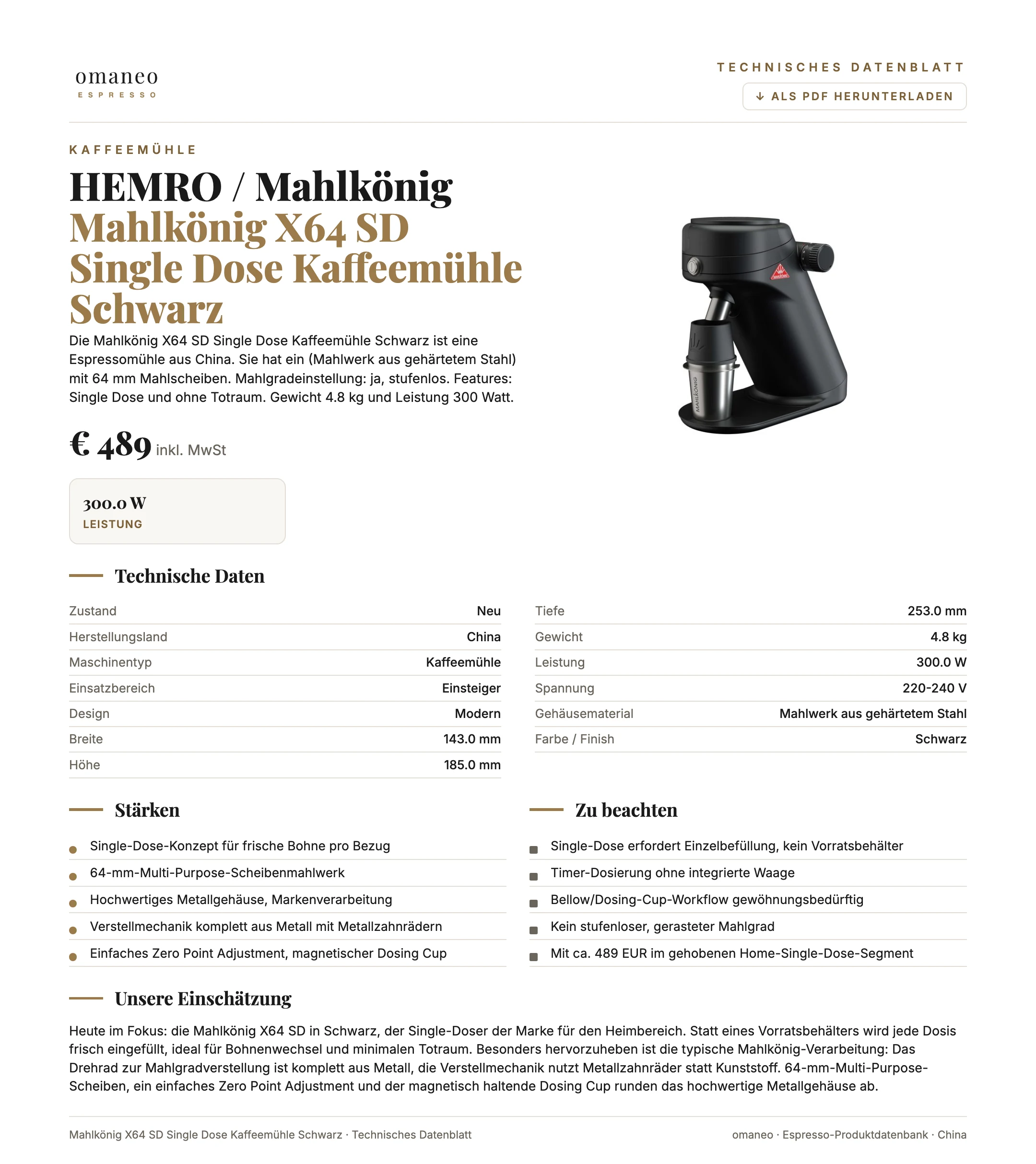 Technisches Datenblatt Mahlkönig X64 SD Single Dose Kaffeemühle Schwarz