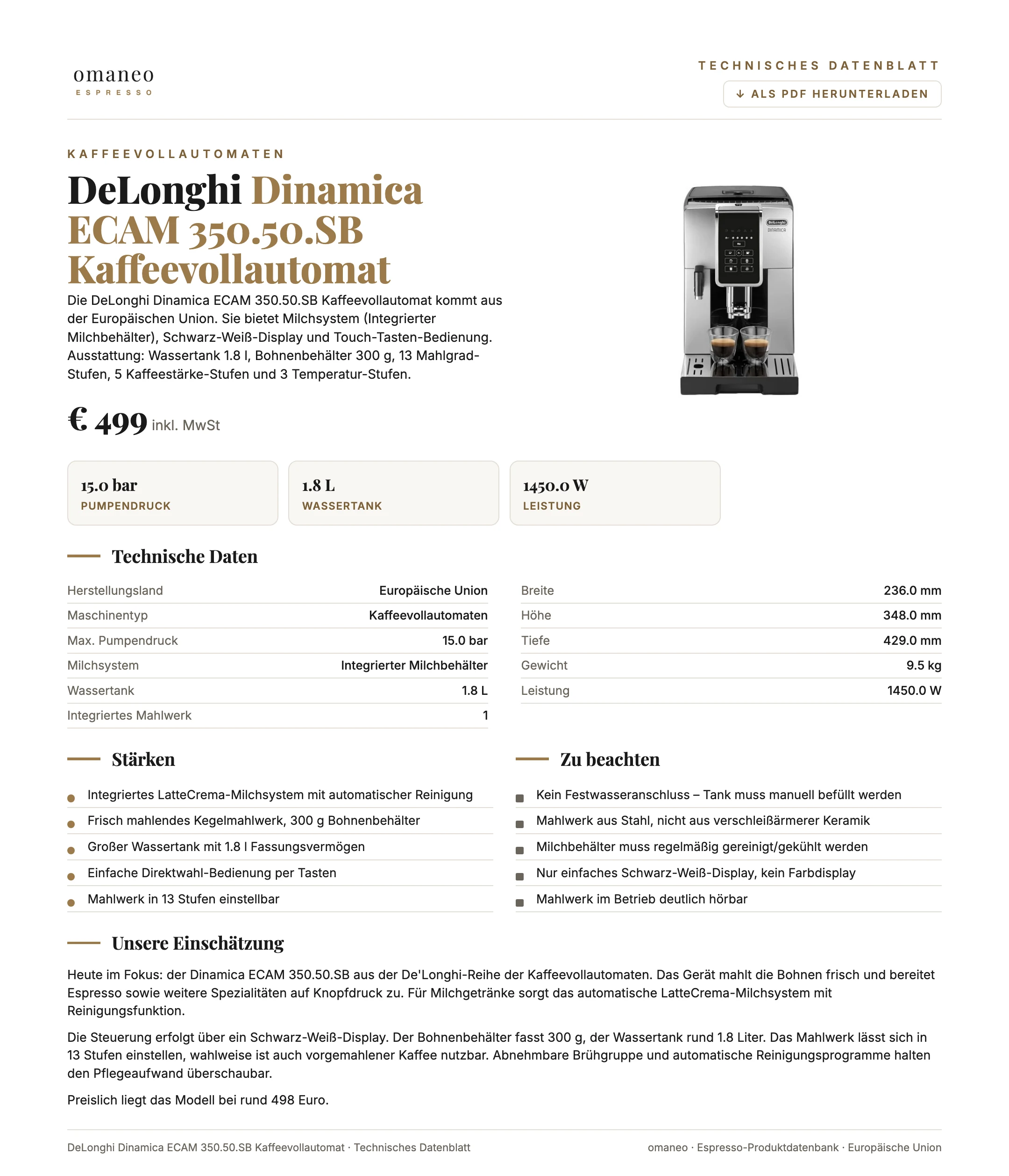 Technisches Datenblatt Dinamica ECAM 350.50.SB Kaffeevollautomat