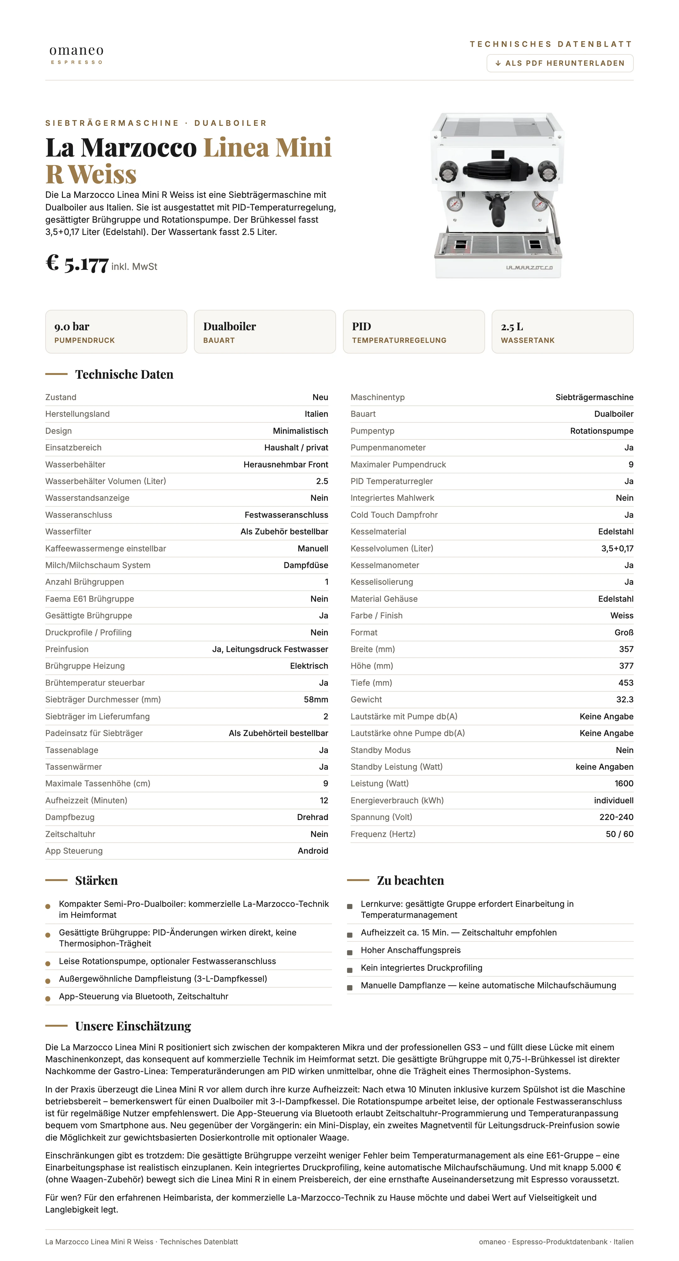 Technisches Datenblatt Linea Mini R Weiss