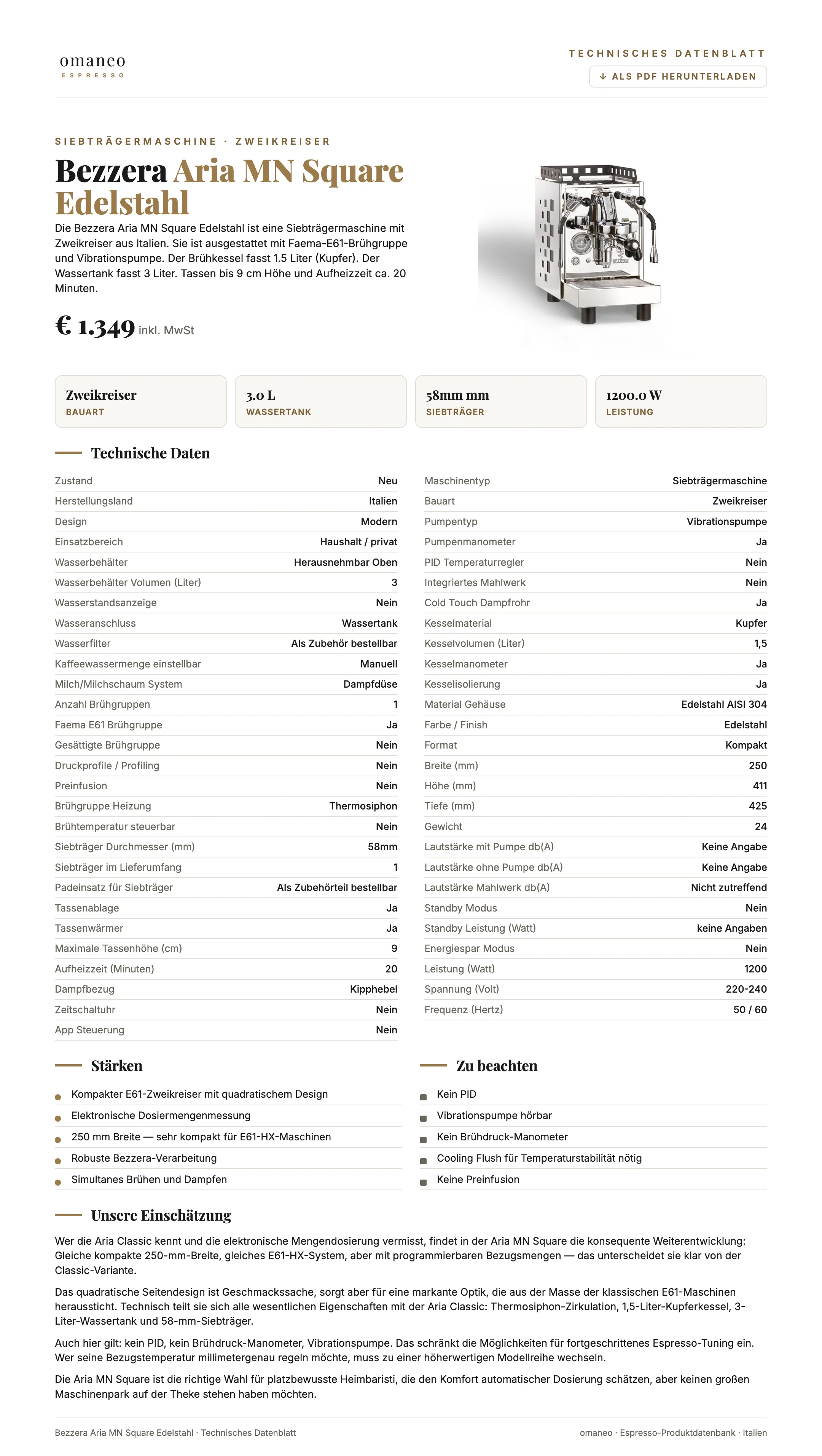 Technisches Datenblatt Aria MN Square Edelstahl