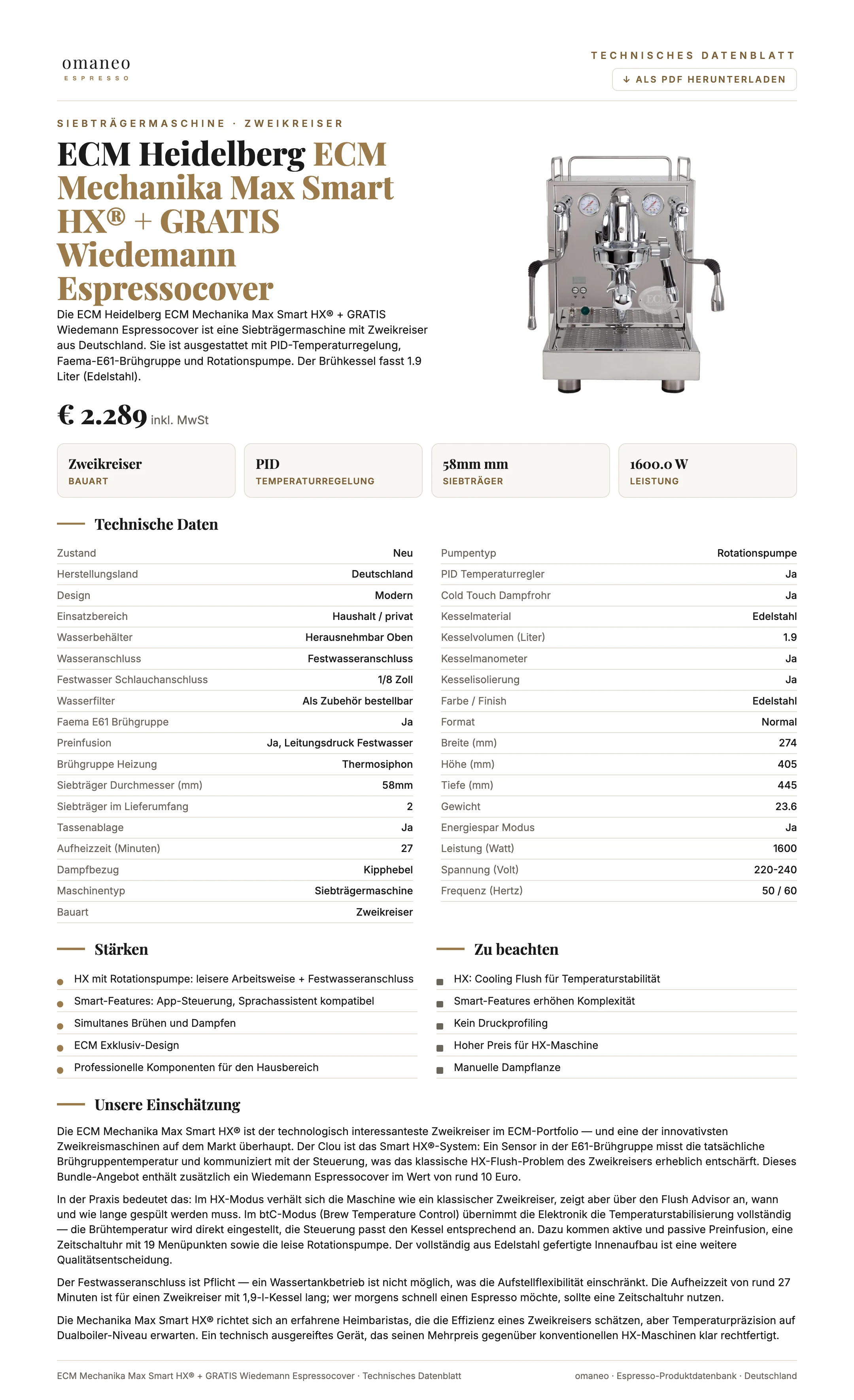 Technisches Datenblatt ECM Mechanika Max Smart HX® + GRATIS Wiedemann Espressocover
