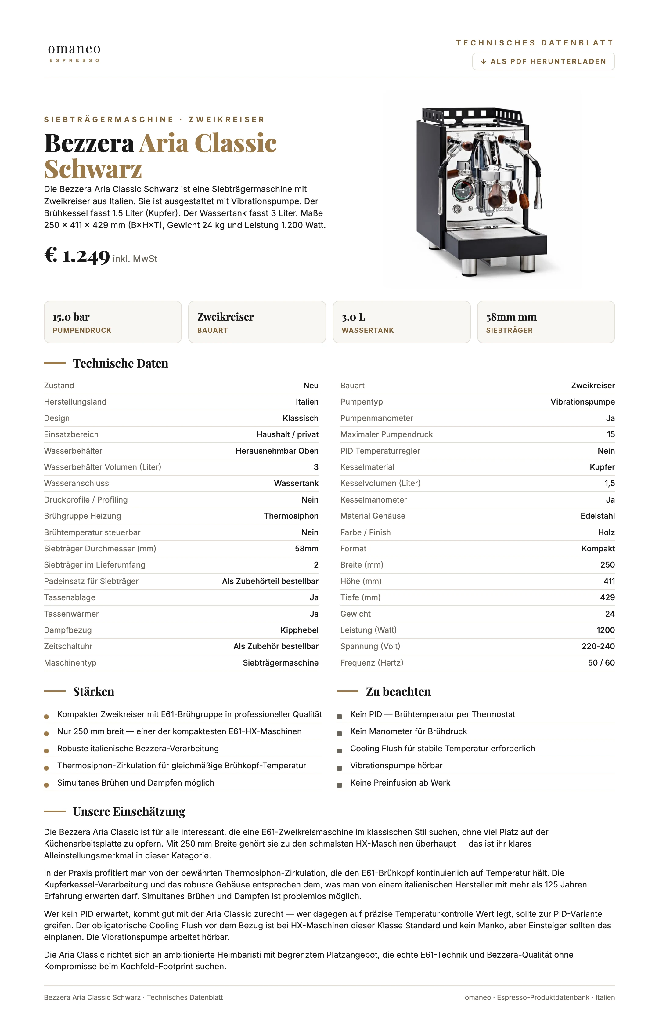 Technisches Datenblatt Aria Classic Schwarz