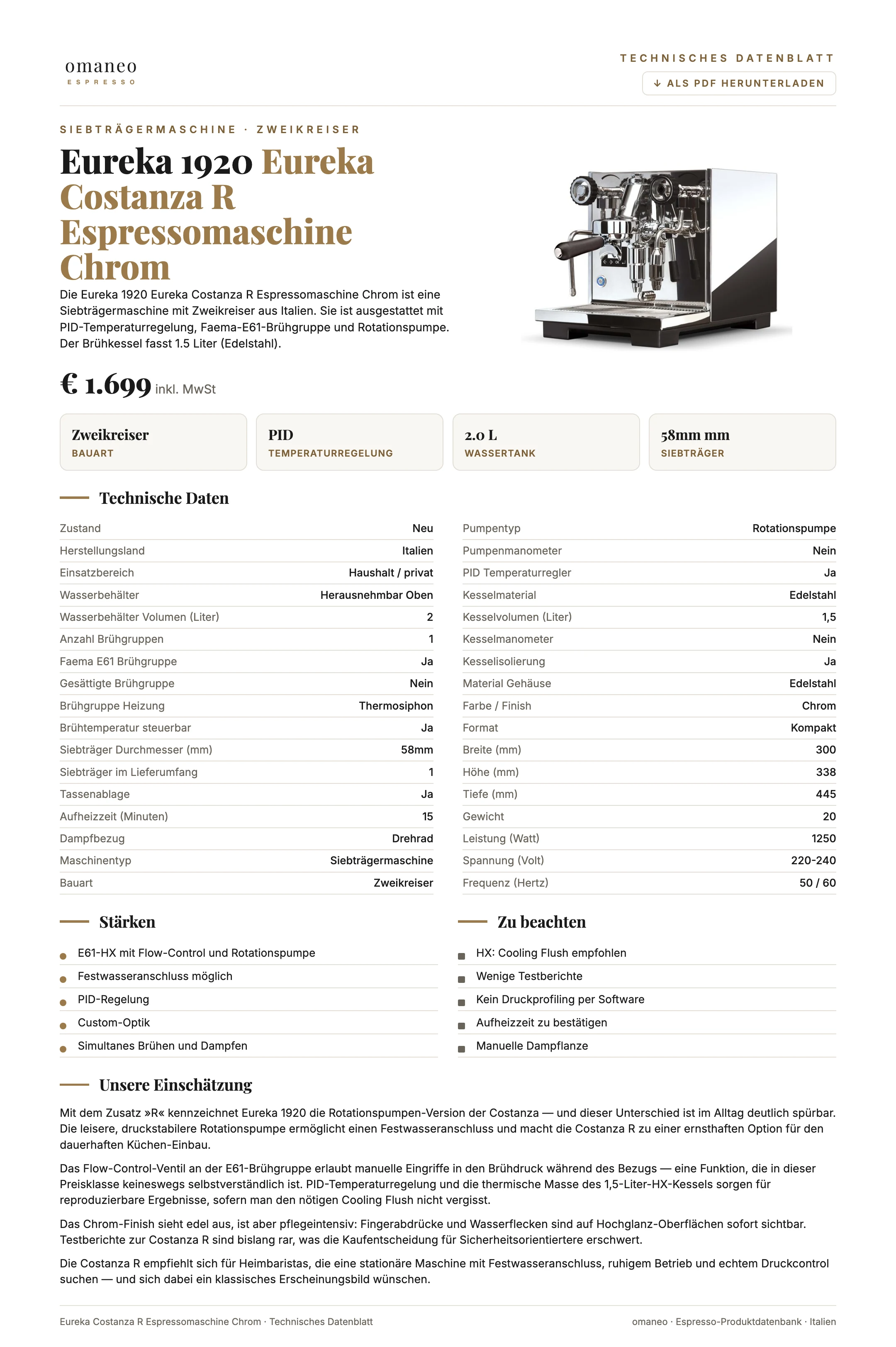 Technisches Datenblatt Eureka Costanza R Espressomaschine Chrom