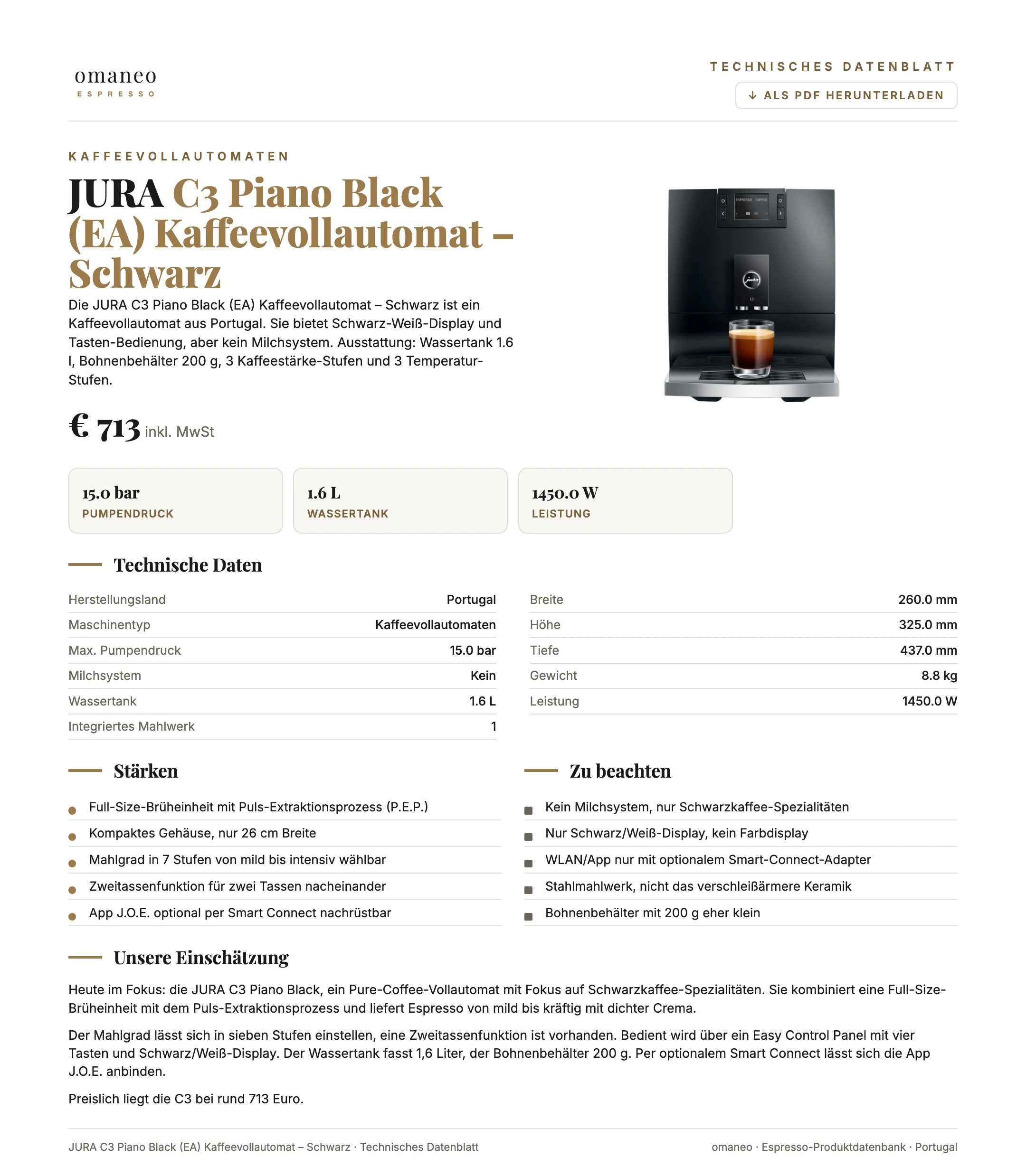 Technisches Datenblatt C3 Piano Black (EA) Kaffeevollautomat – Schwarz