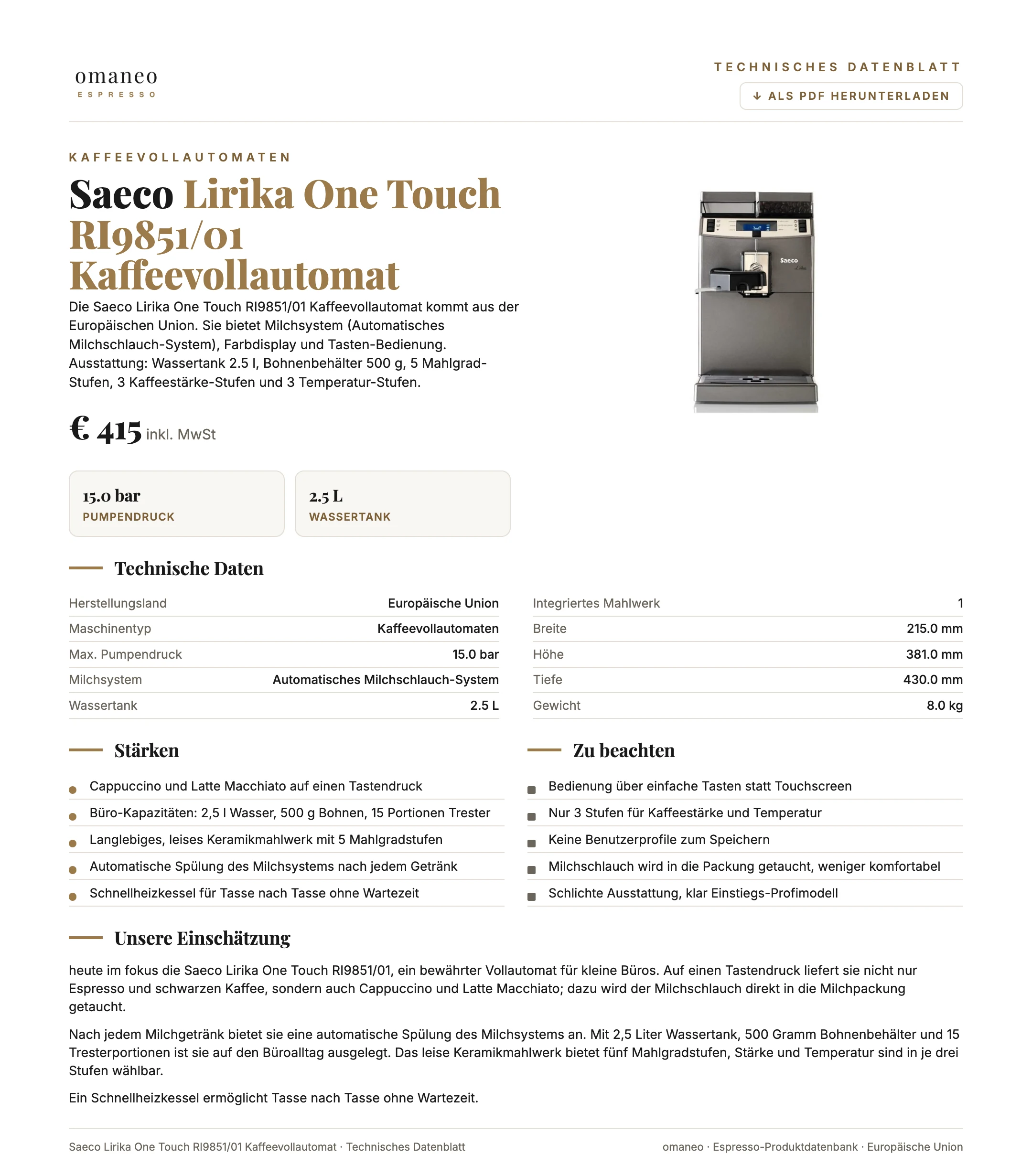Technisches Datenblatt Lirika One Touch RI9851/01 Kaffeevollautomat