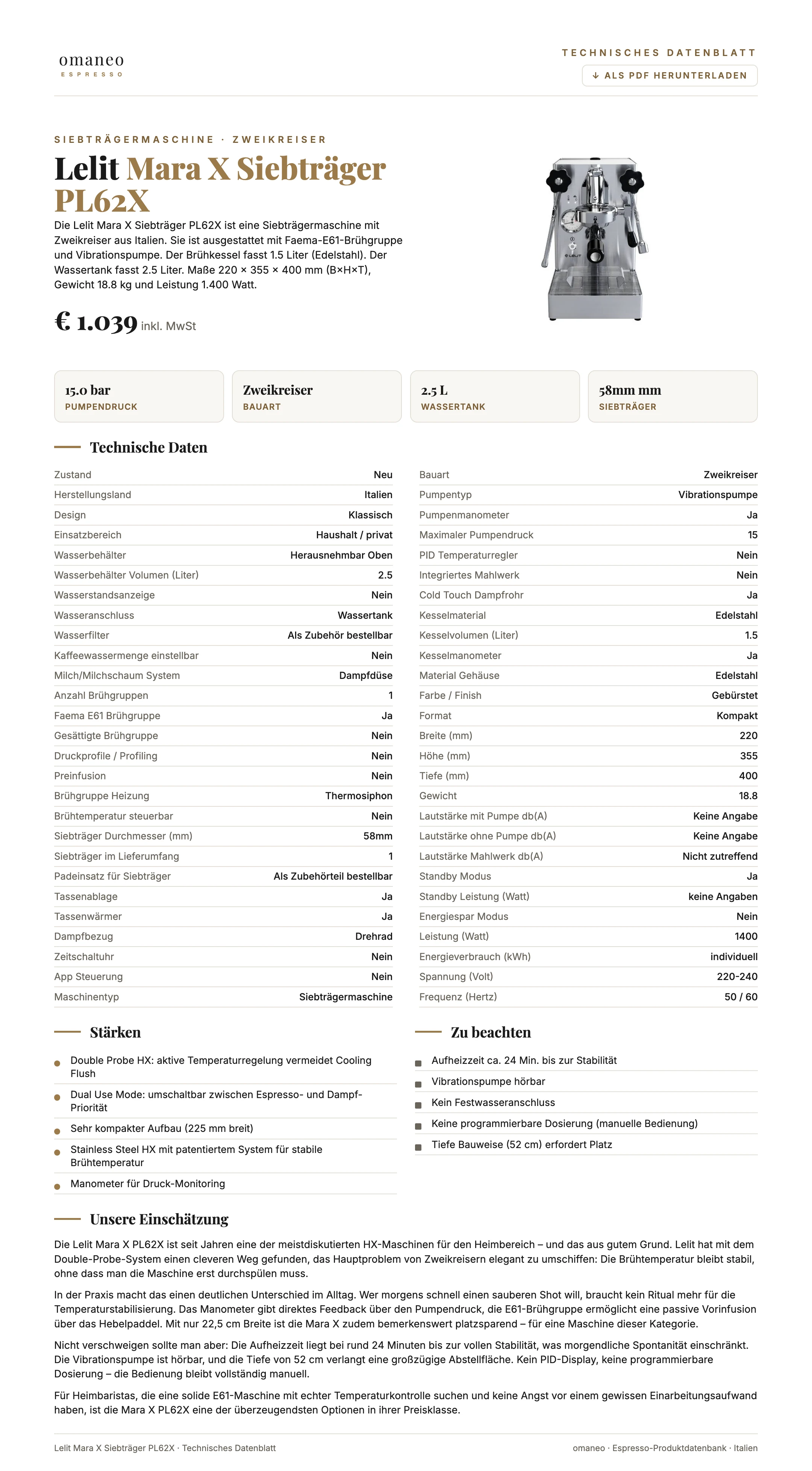 Technisches Datenblatt Mara X Siebträger PL62X