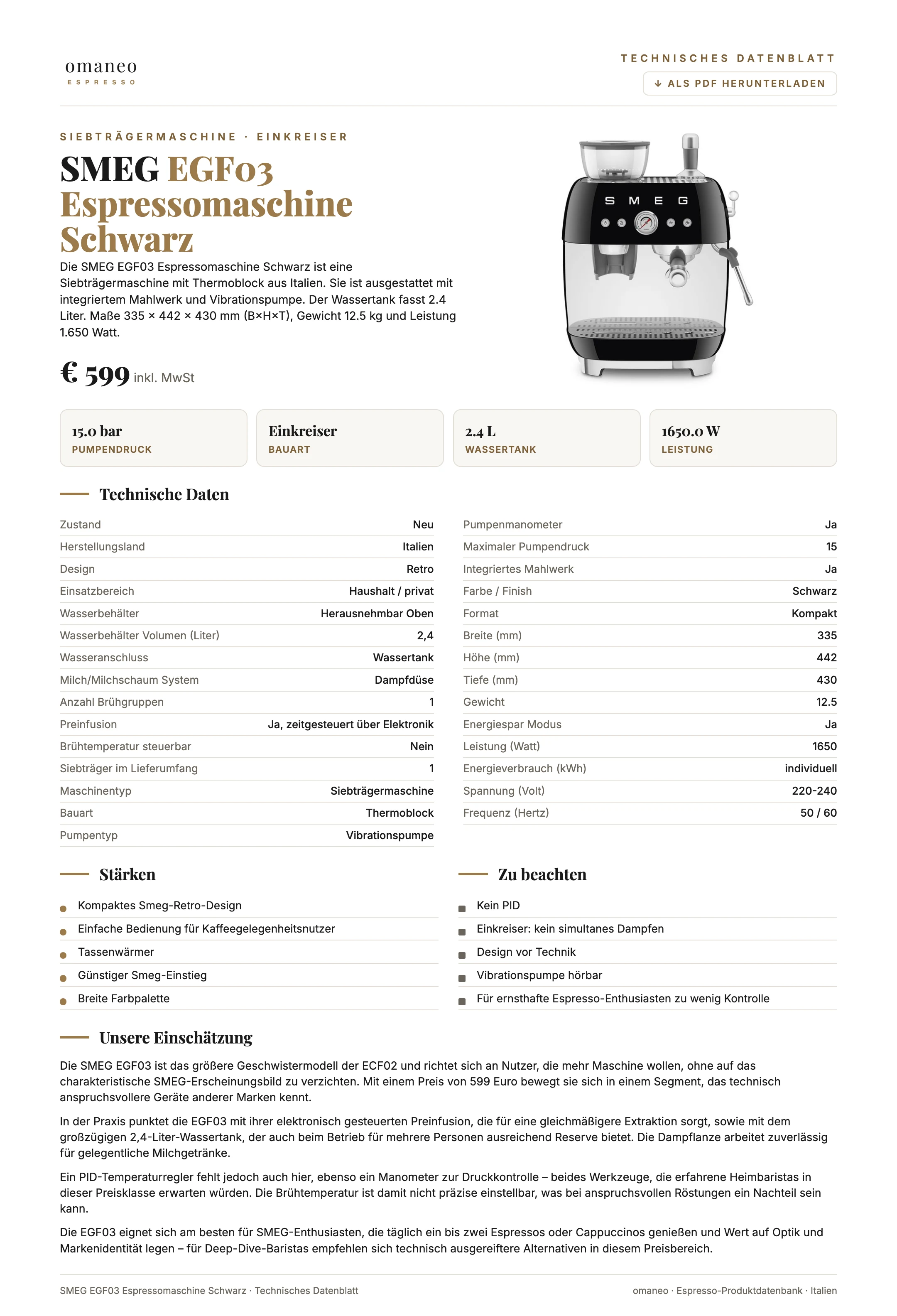 Technisches Datenblatt EGF03 Espressomaschine Schwarz
