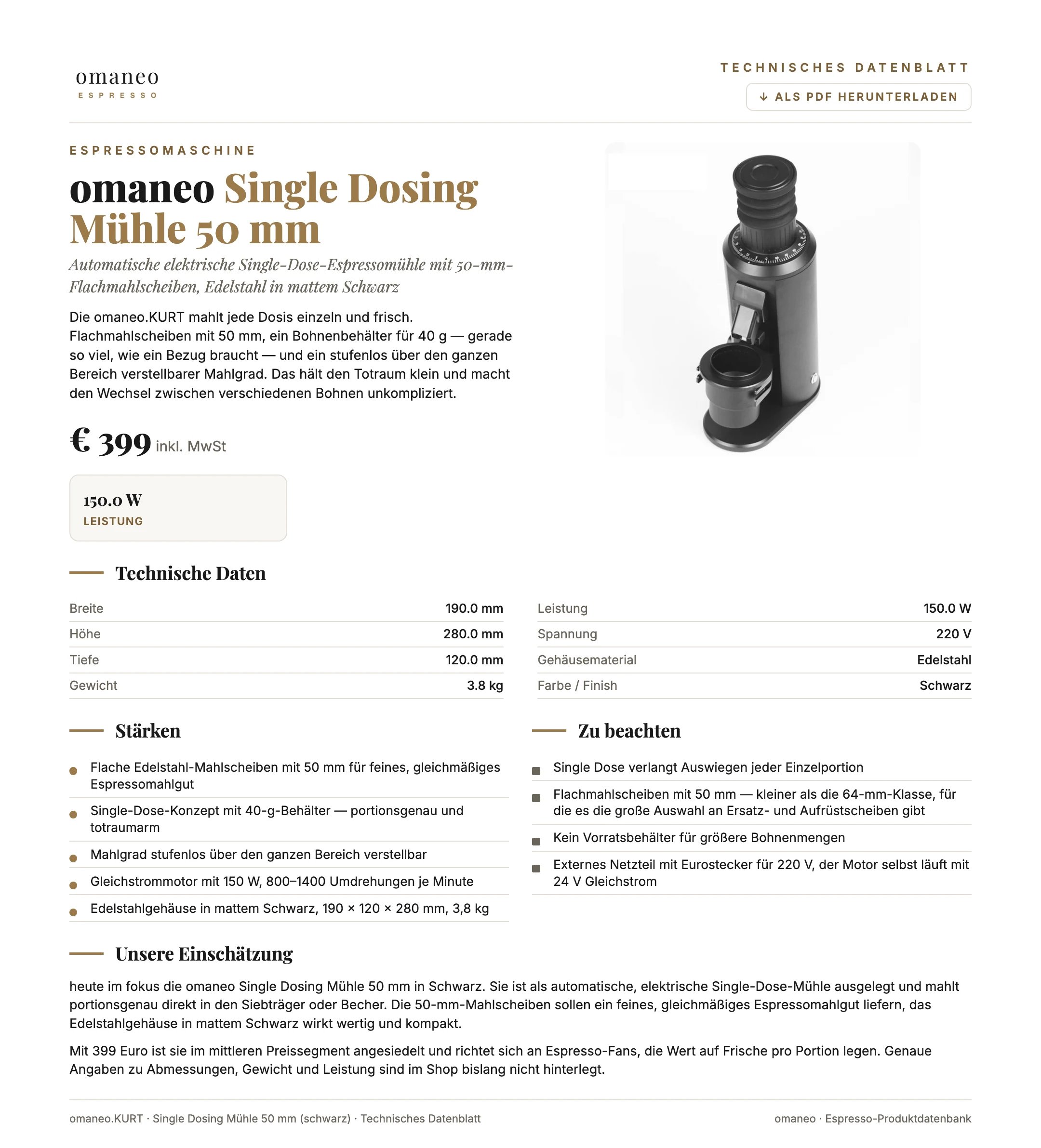 Technisches Datenblatt omaneo.KURT · Single Dosing Mühle 50 mm (schwarz)