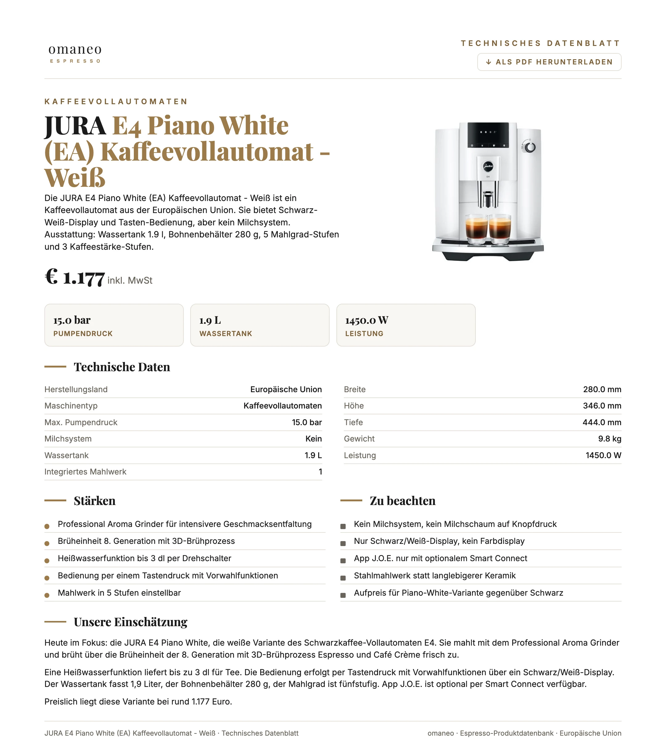 Technisches Datenblatt E4 Piano White (EA) Kaffeevollautomat - Weiß