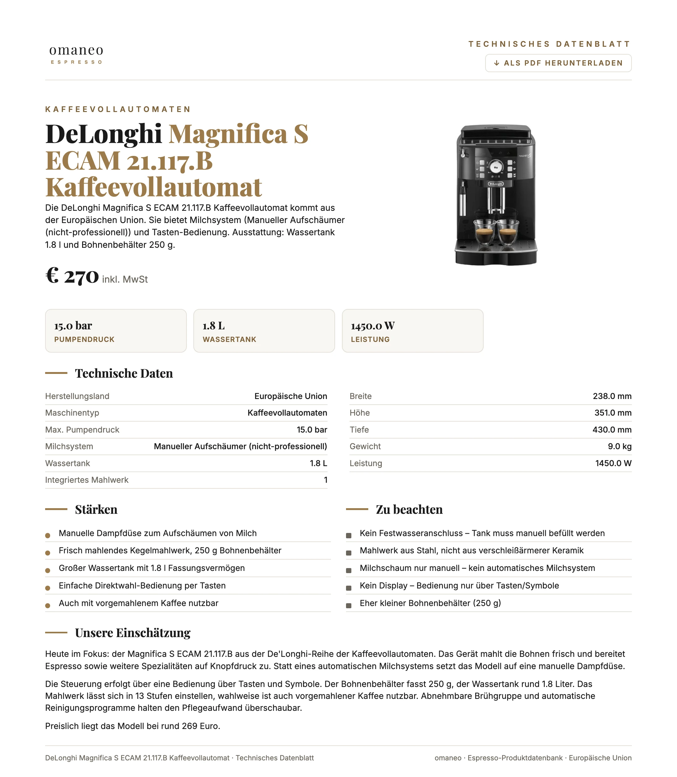 Technisches Datenblatt Magnifica S ECAM 21.117.B Kaffeevollautomat