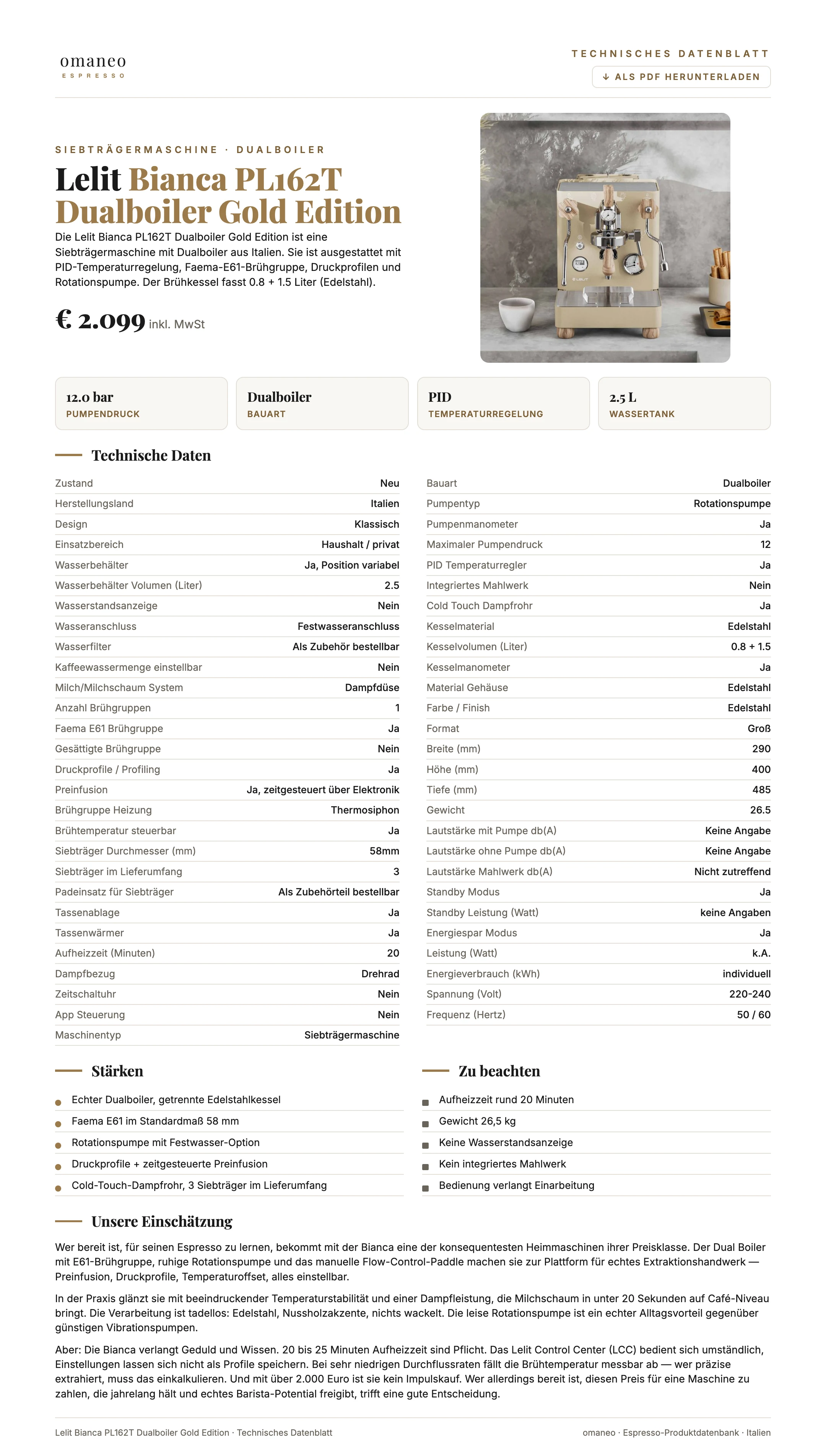 Technisches Datenblatt Bianca PL162T Dualboiler Gold Edition