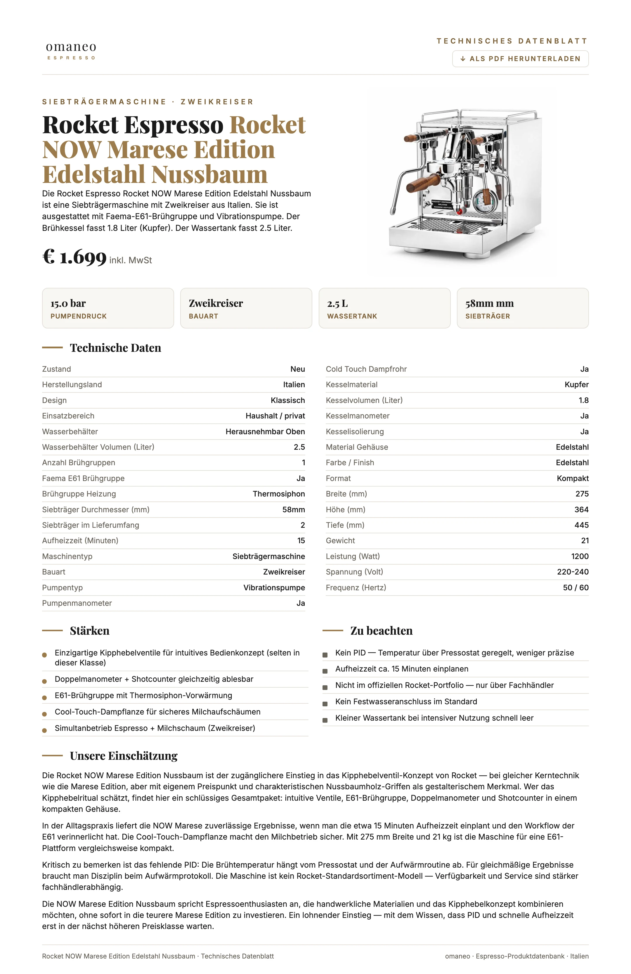 Technisches Datenblatt Rocket NOW Marese Edition Edelstahl Nussbaum