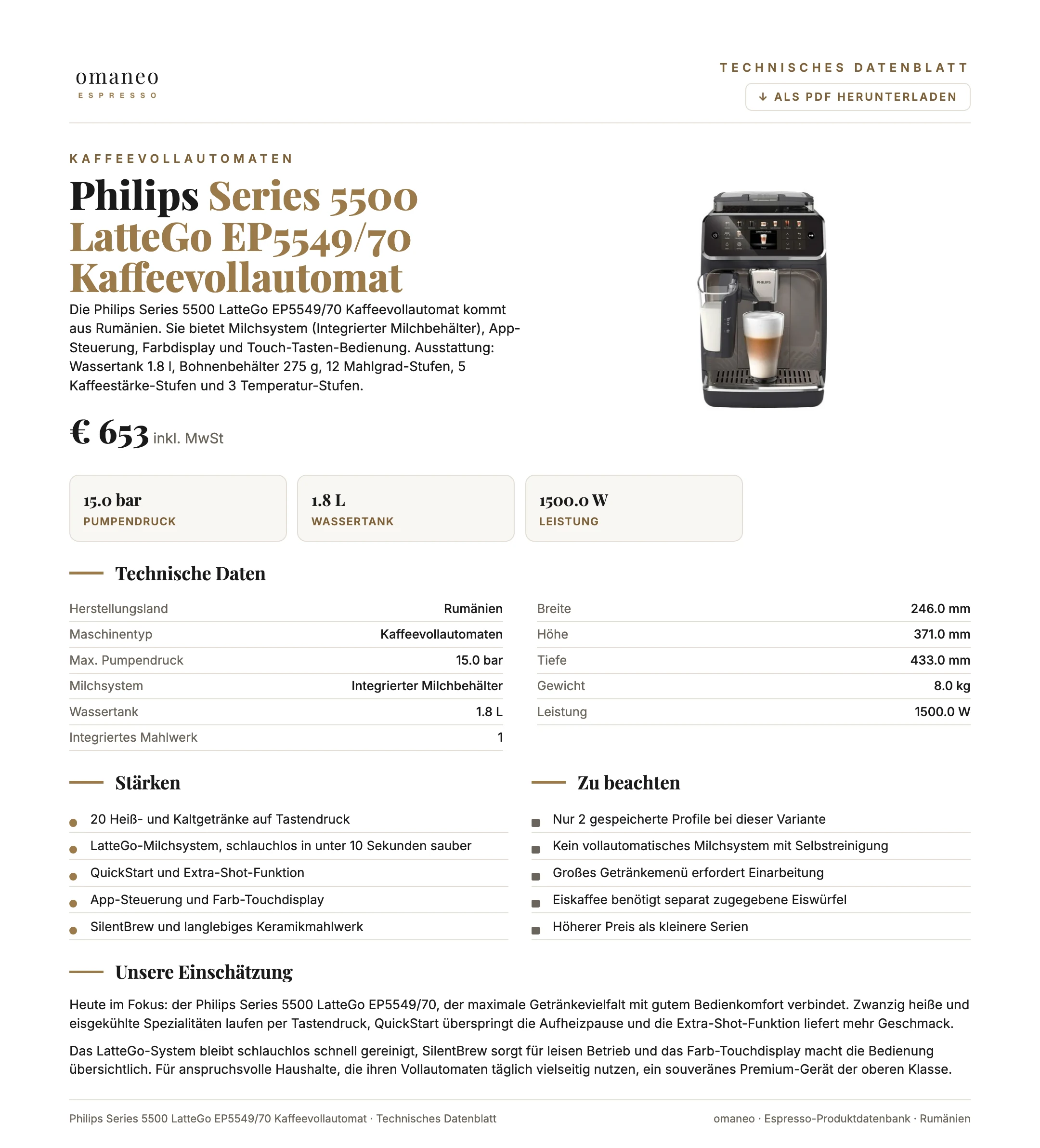 Technisches Datenblatt Series 5500 LatteGo EP5549/70 Kaffeevollautomat
