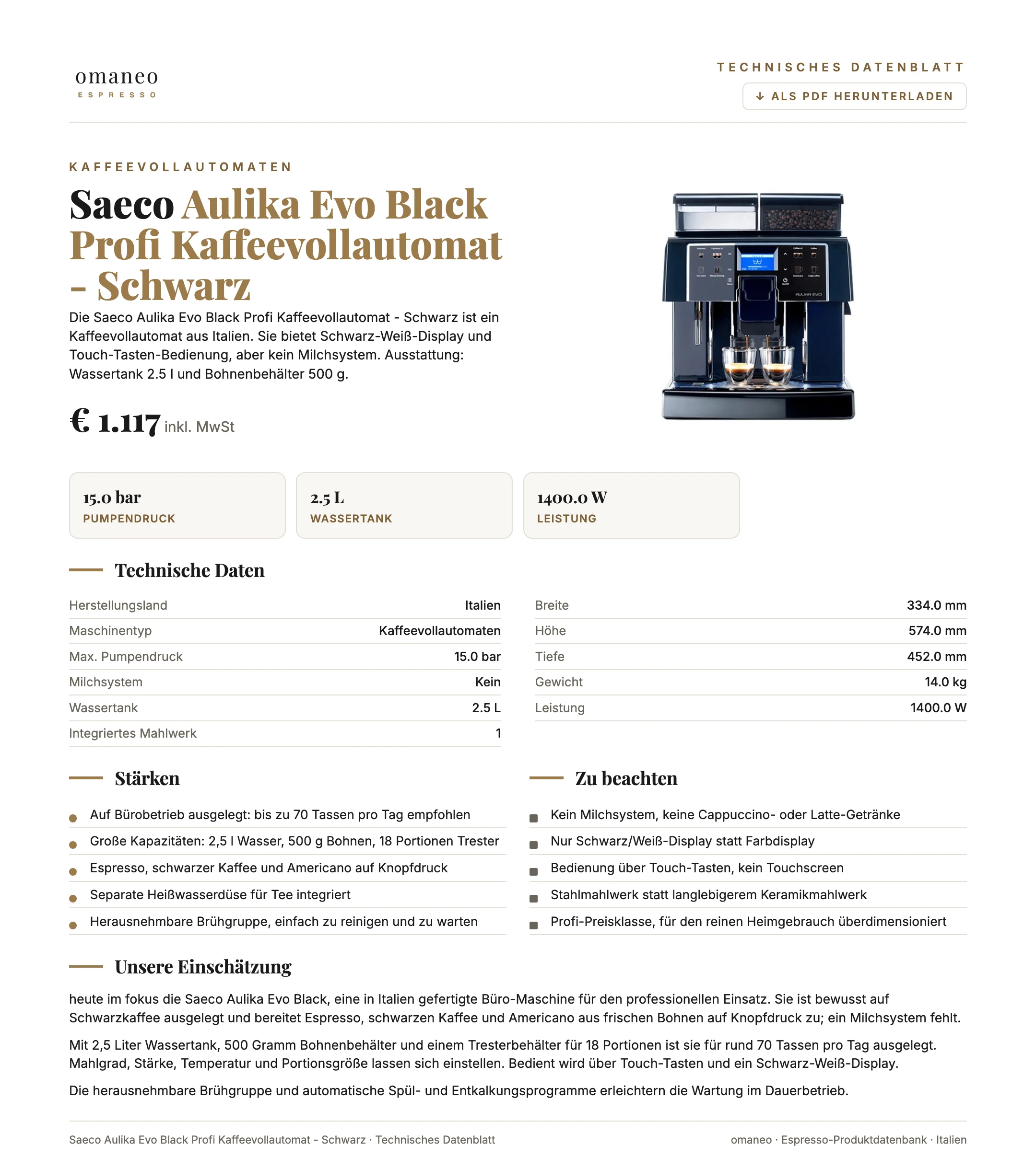 Technisches Datenblatt Aulika Evo Black Profi Kaffeevollautomat - Schwarz