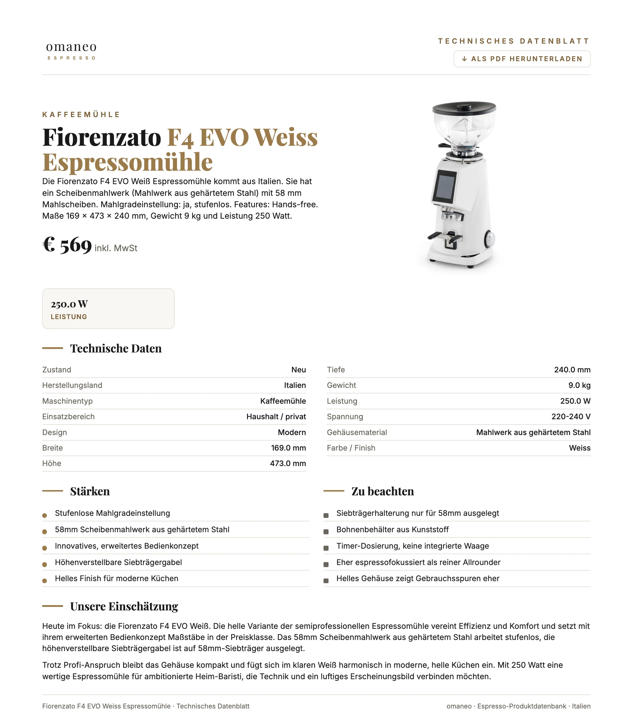 Technisches Datenblatt F4 EVO Weiss Espressomühle