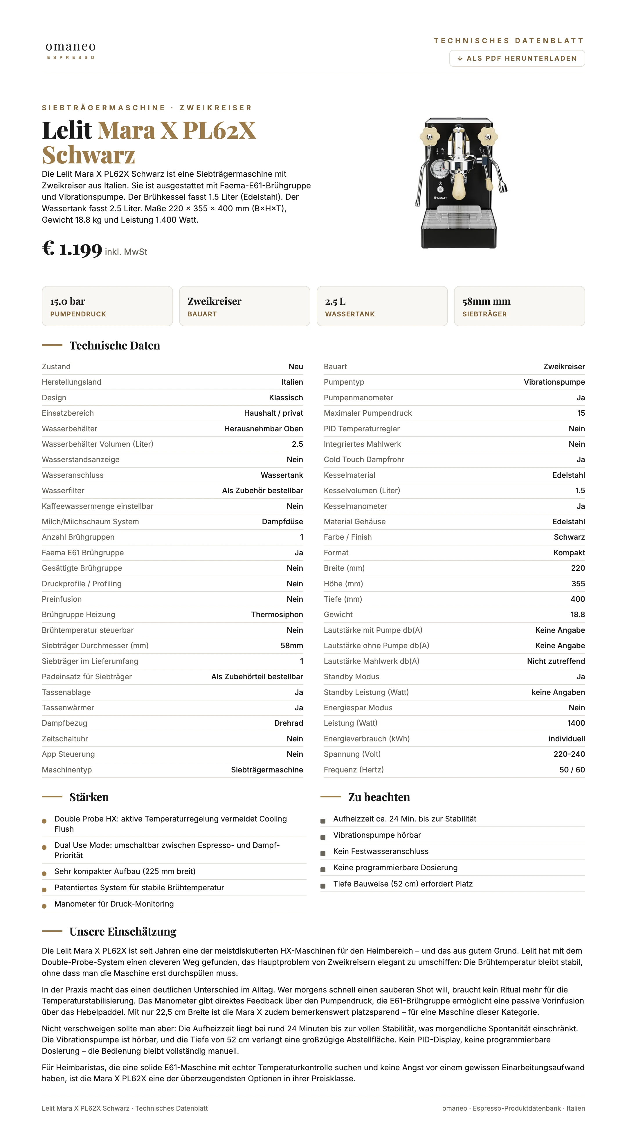 Technisches Datenblatt Mara X PL62X Schwarz