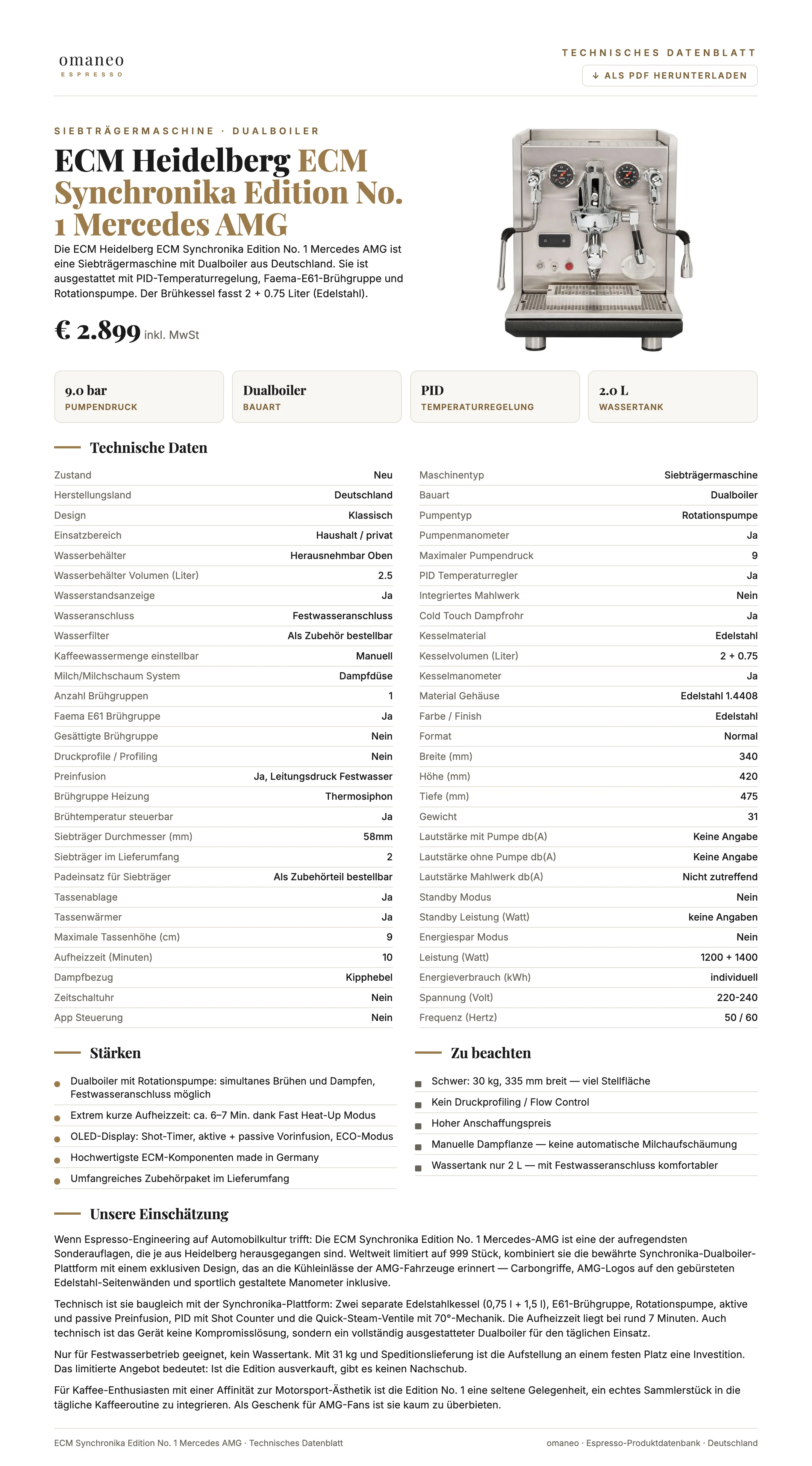 Technisches Datenblatt ECM Synchronika Edition No. 1 Mercedes AMG