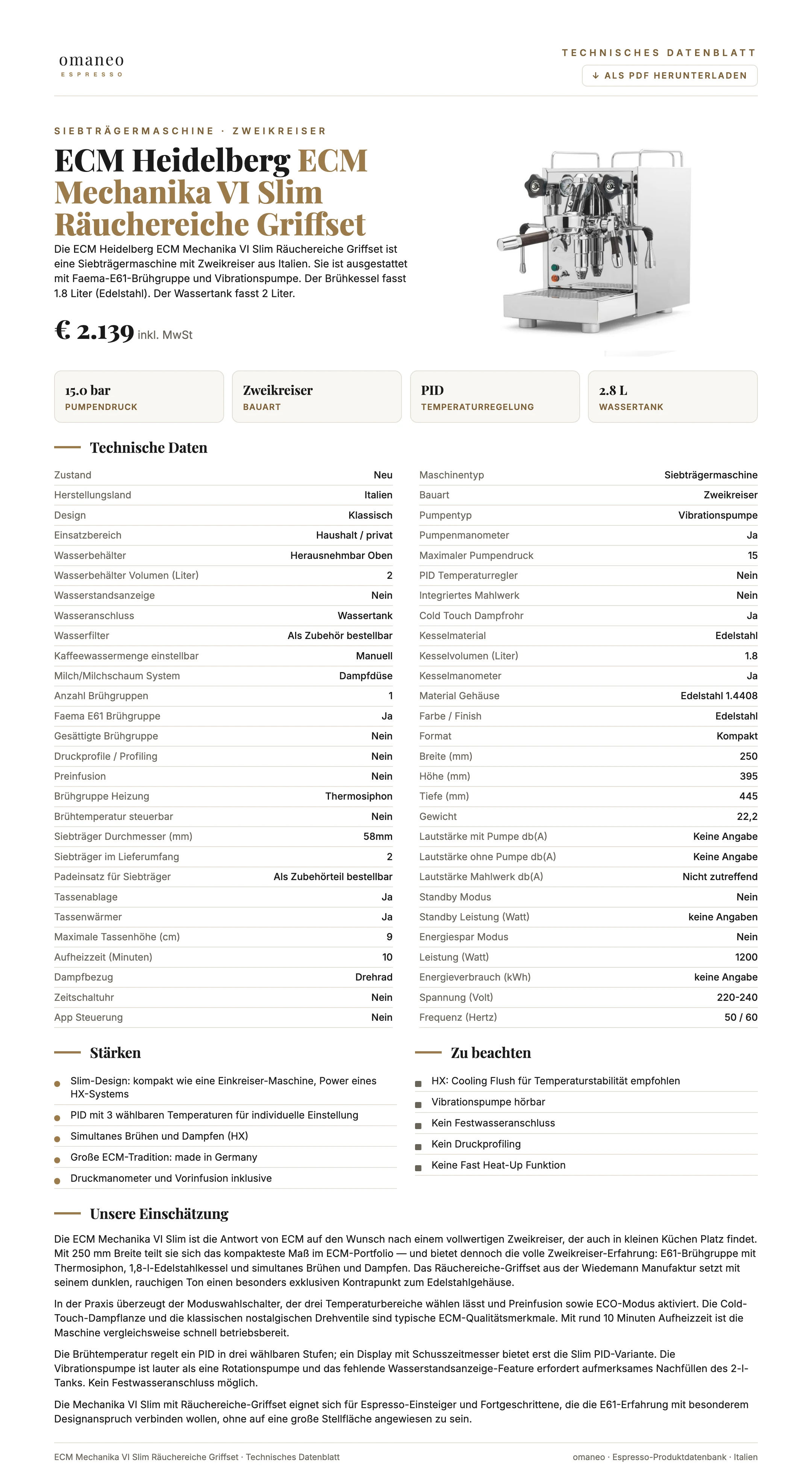 Technisches Datenblatt ECM Mechanika VI Slim Räuchereiche Griffset