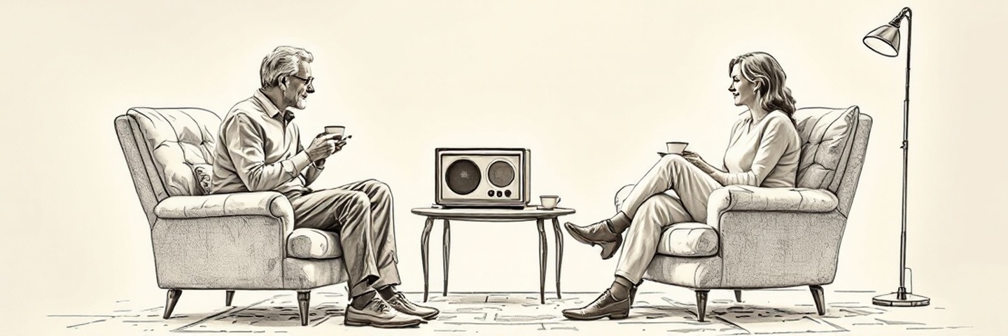 Dibujo a lápiz: una pareja sentada en dos sillones con tazas de espresso escucha una vieja radio de válvulas